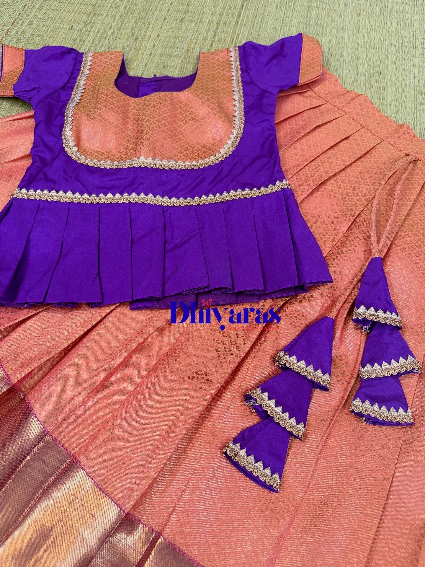 Aarathiya Kids Pattu Pavadai-Orange with purple