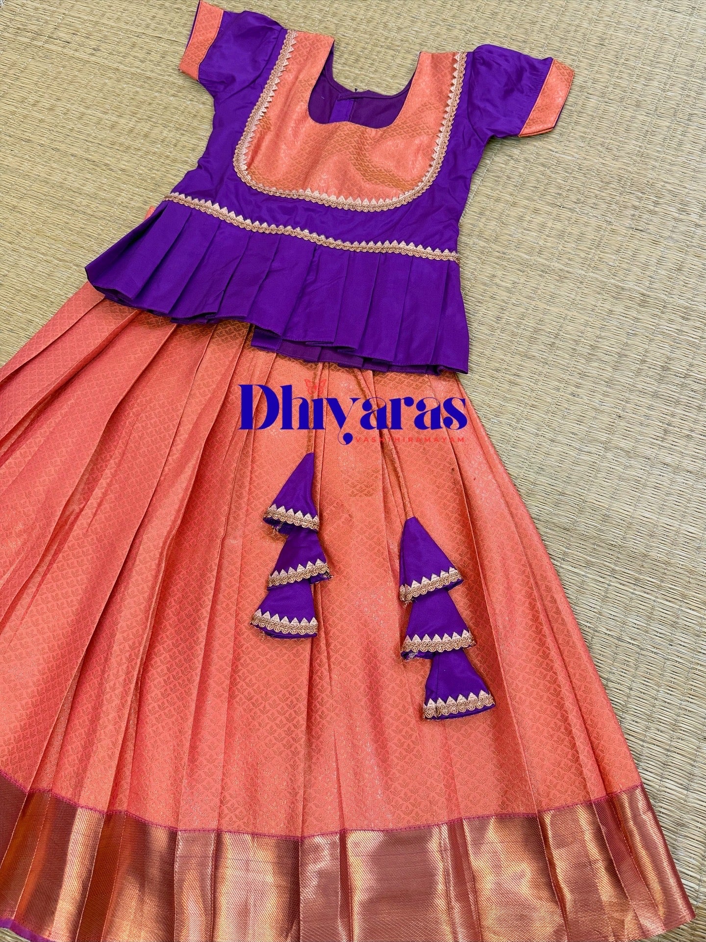 Aarathiya Kids Pattu Pavadai-Orange with purple