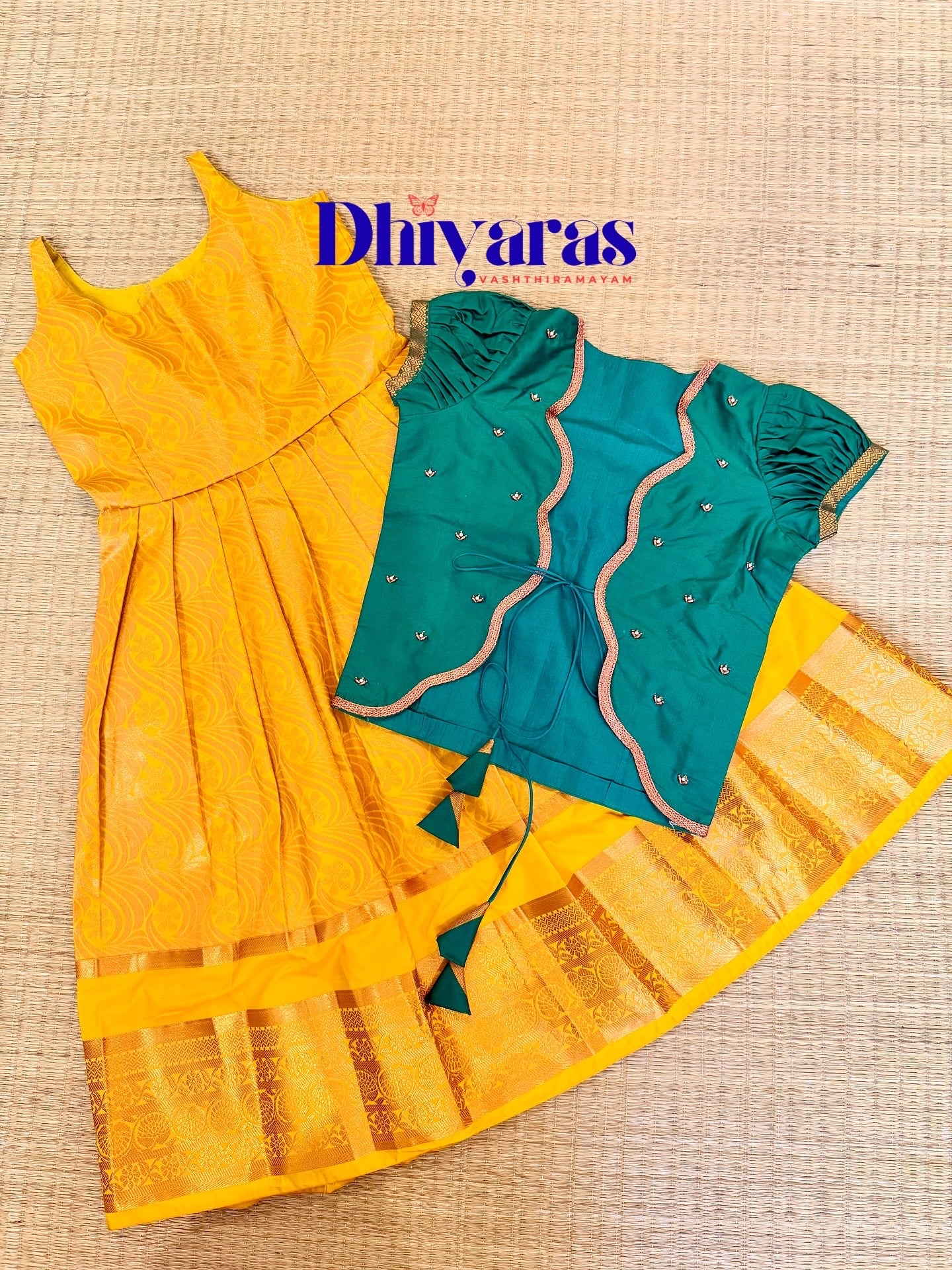 Alagi silk frock with coat  – a perfect tradition silk frock with coat yellow and green