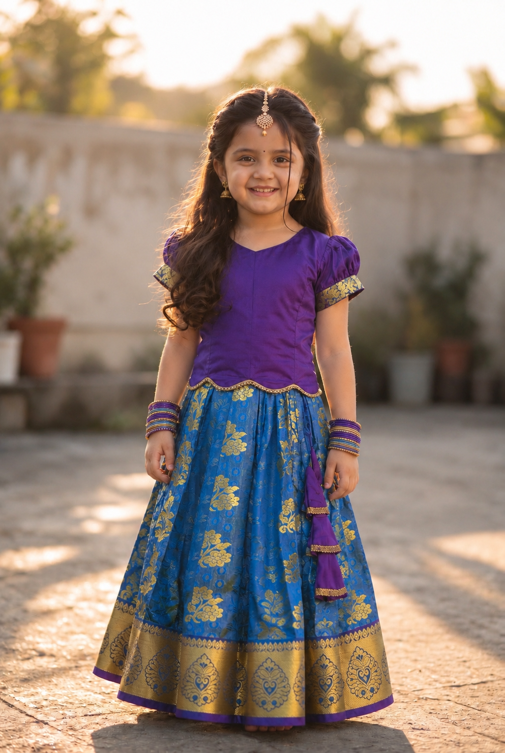 Kannamma 2 in 1 pattu pavadai purple with skyblue