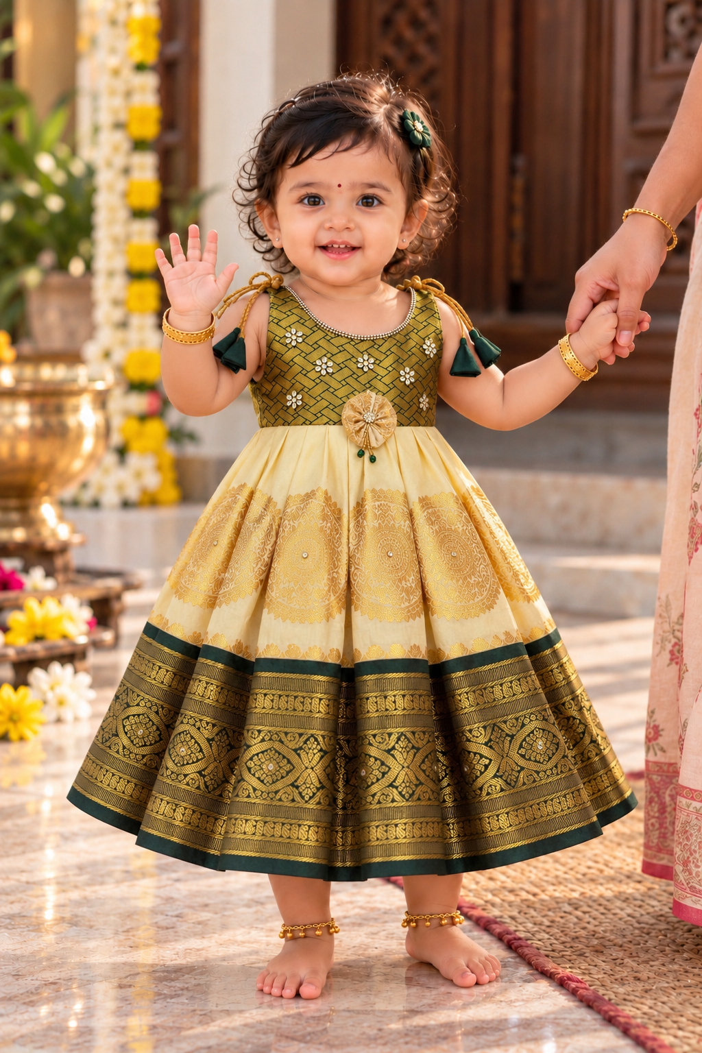 Little Dhiya - White with DarkGreen Tie knot frock