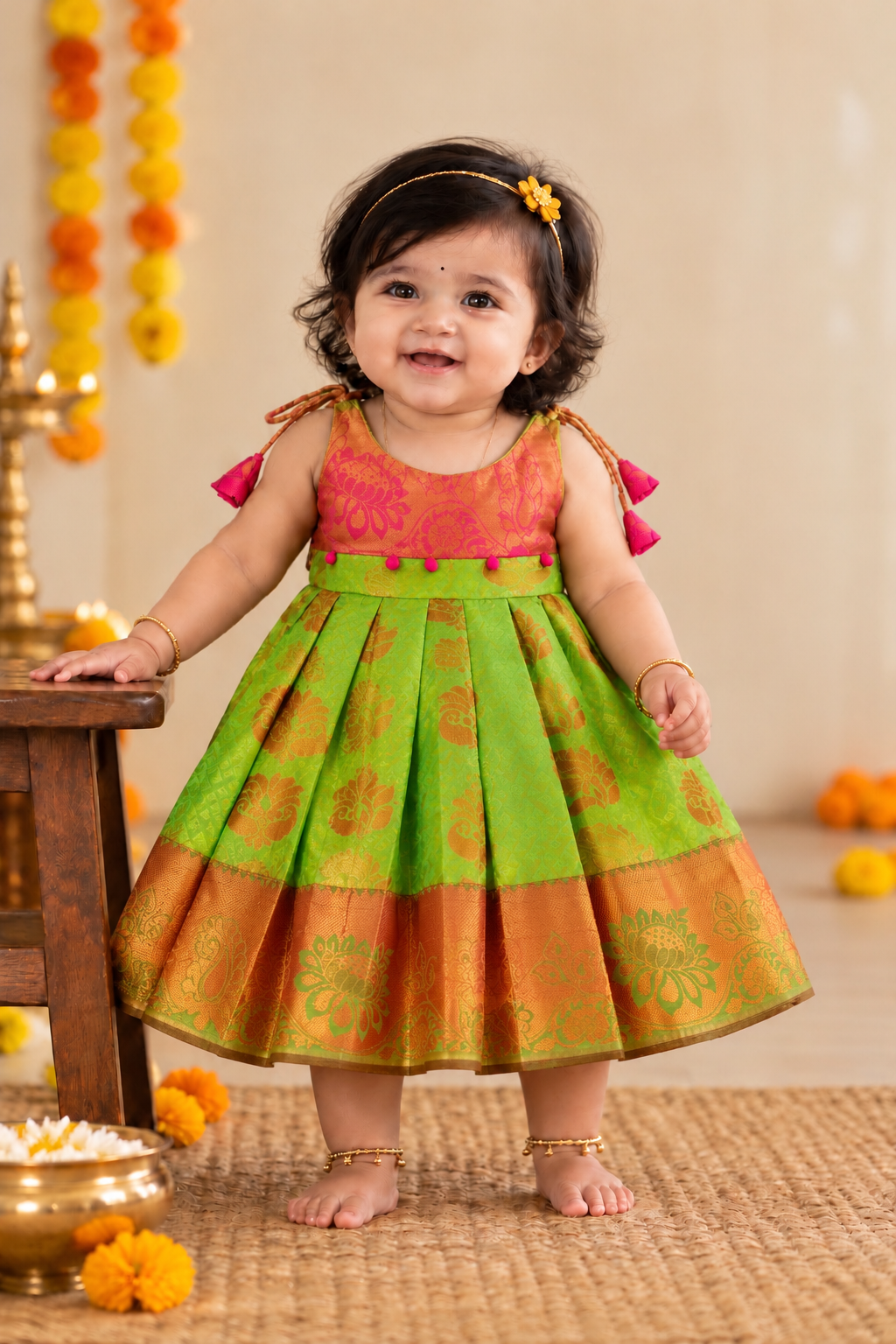 Little Dhiya - ParrotGreen with Pink Tie knot frock