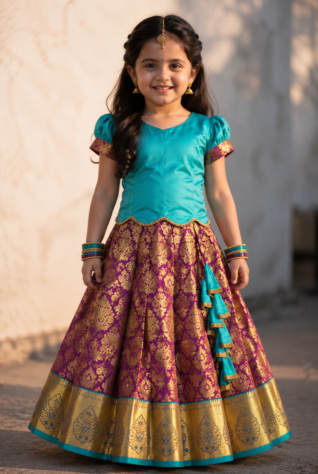 Kannamma 2 in 1 pattu pavadai turquoise with purple