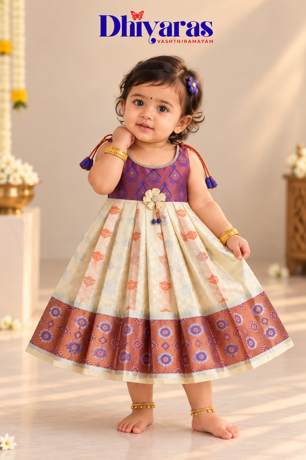 Little Dhiya - cream with RoyalBlue Tie knot frock