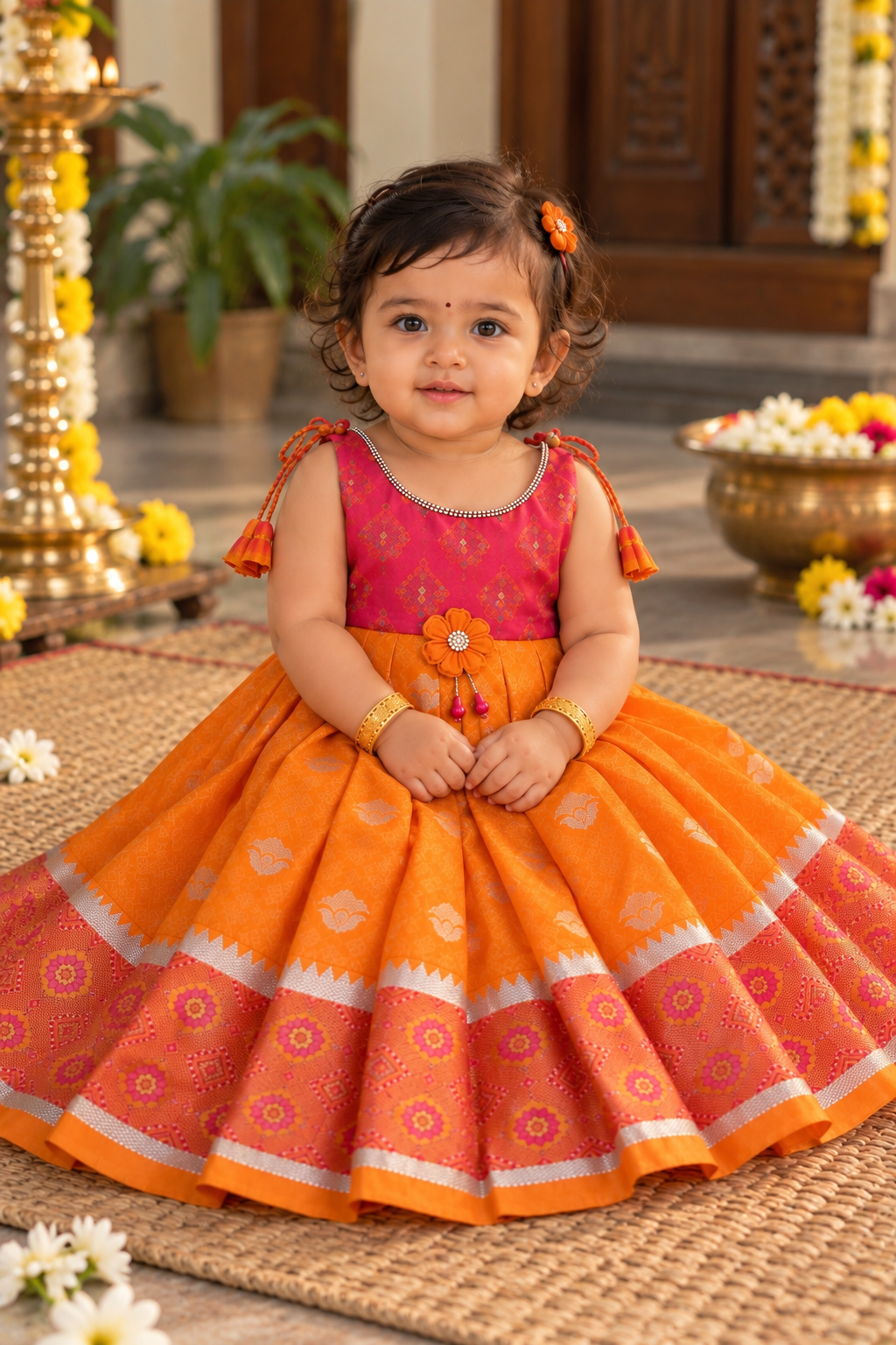 Little Dhiya - Orange with Pink Tie knot frock