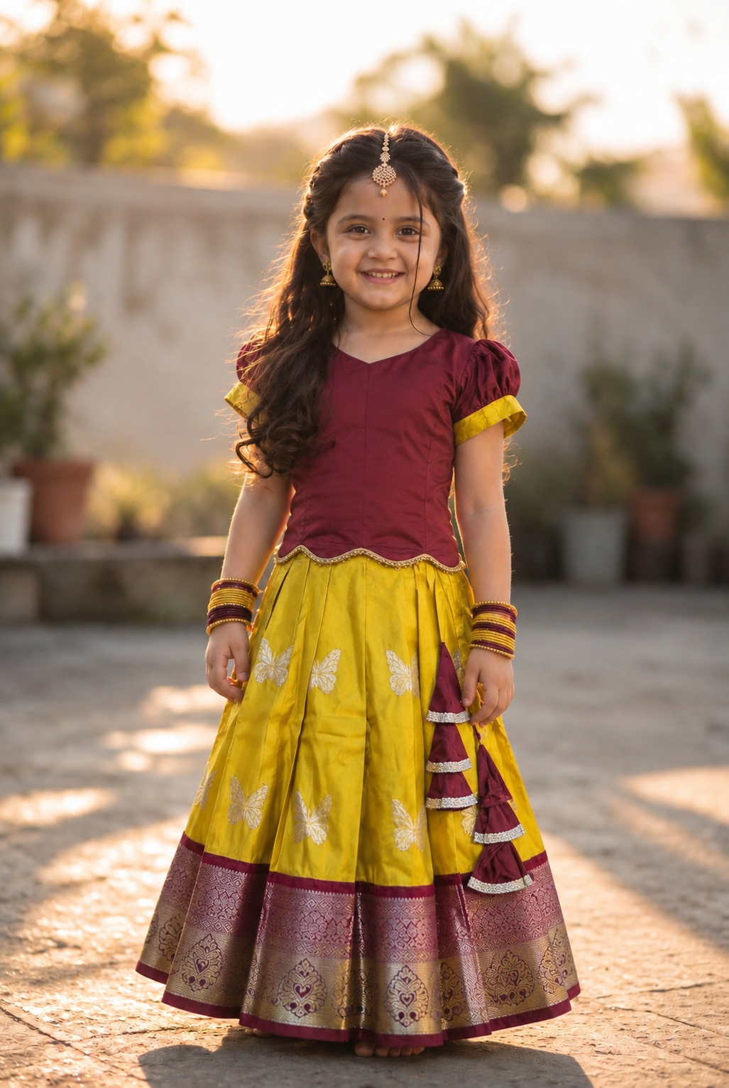 Kannamma 2 in 1 pattu pavadai maroon with yellow
