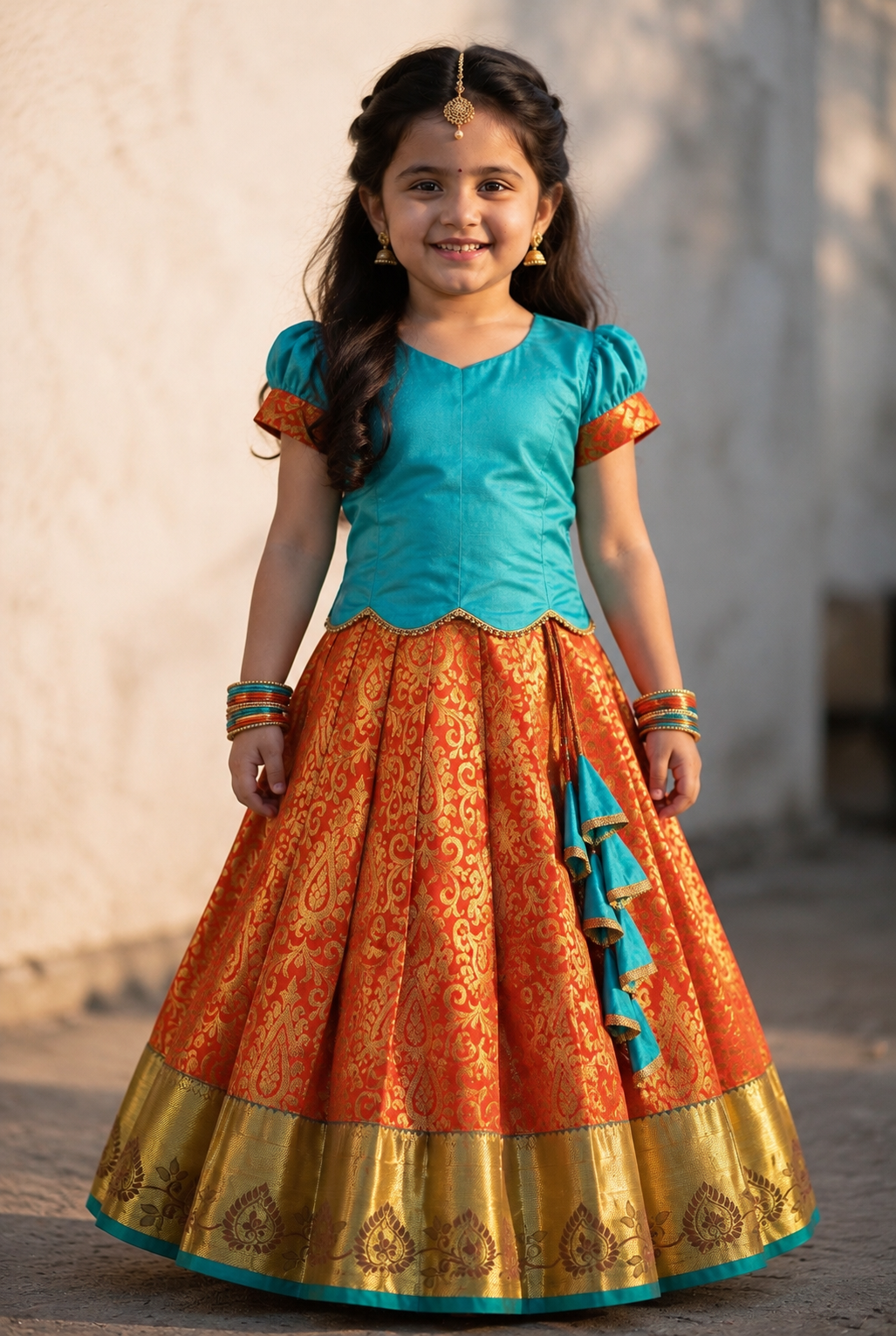 Kannamma 2 in 1 pattu pavadai turquoise with orange