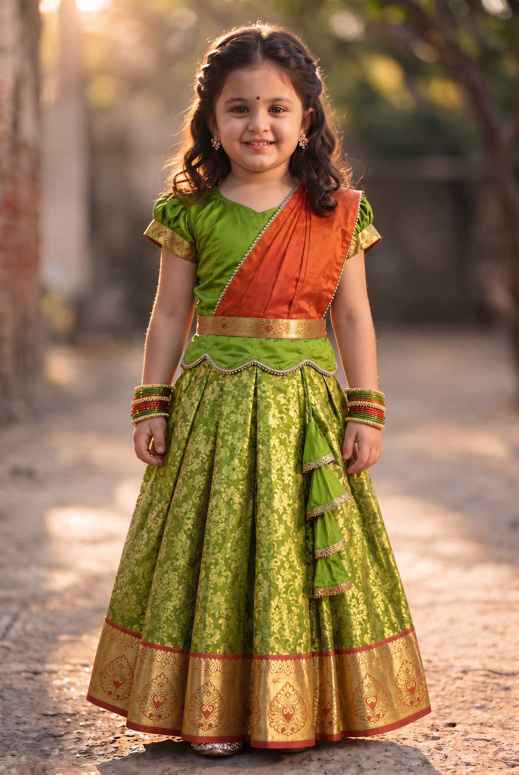 Kannamma 2 in 1 pattu pavadai green with orange