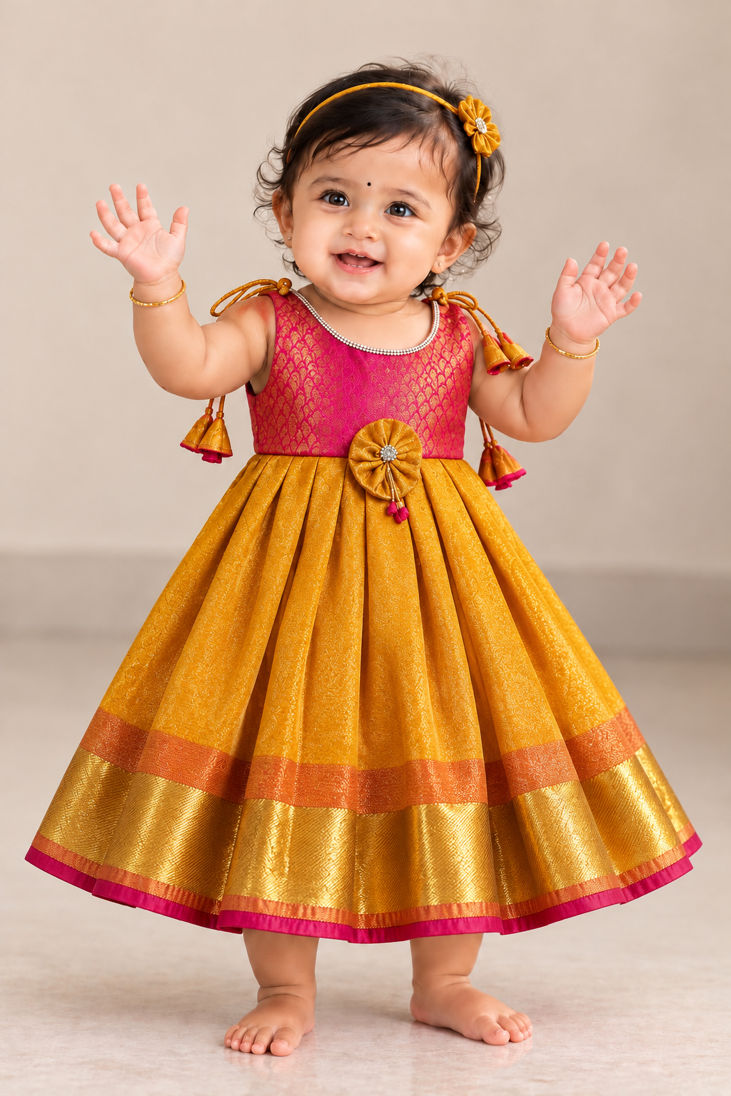 Little Dhiya - Yellow with Pink in Gold Zari Tie knot frock
