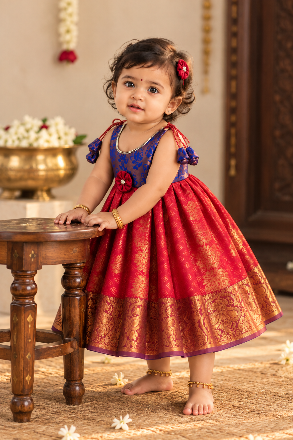 Little Dhiya - Maroon with RoyalBlue Tie knot frock