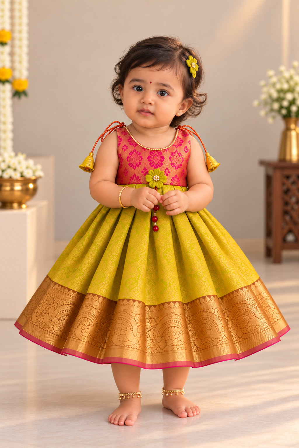 Little Dhiya - LightGreen with Pink Tie knot frock