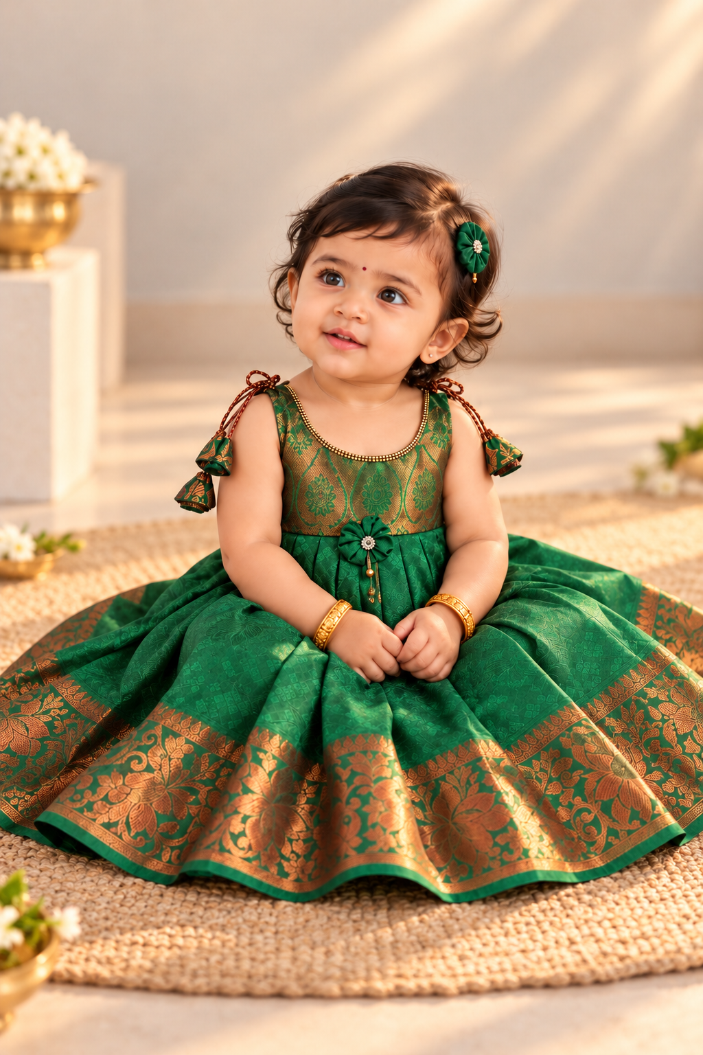 Little Dhiya - Green with copper Zari Tie knot frock