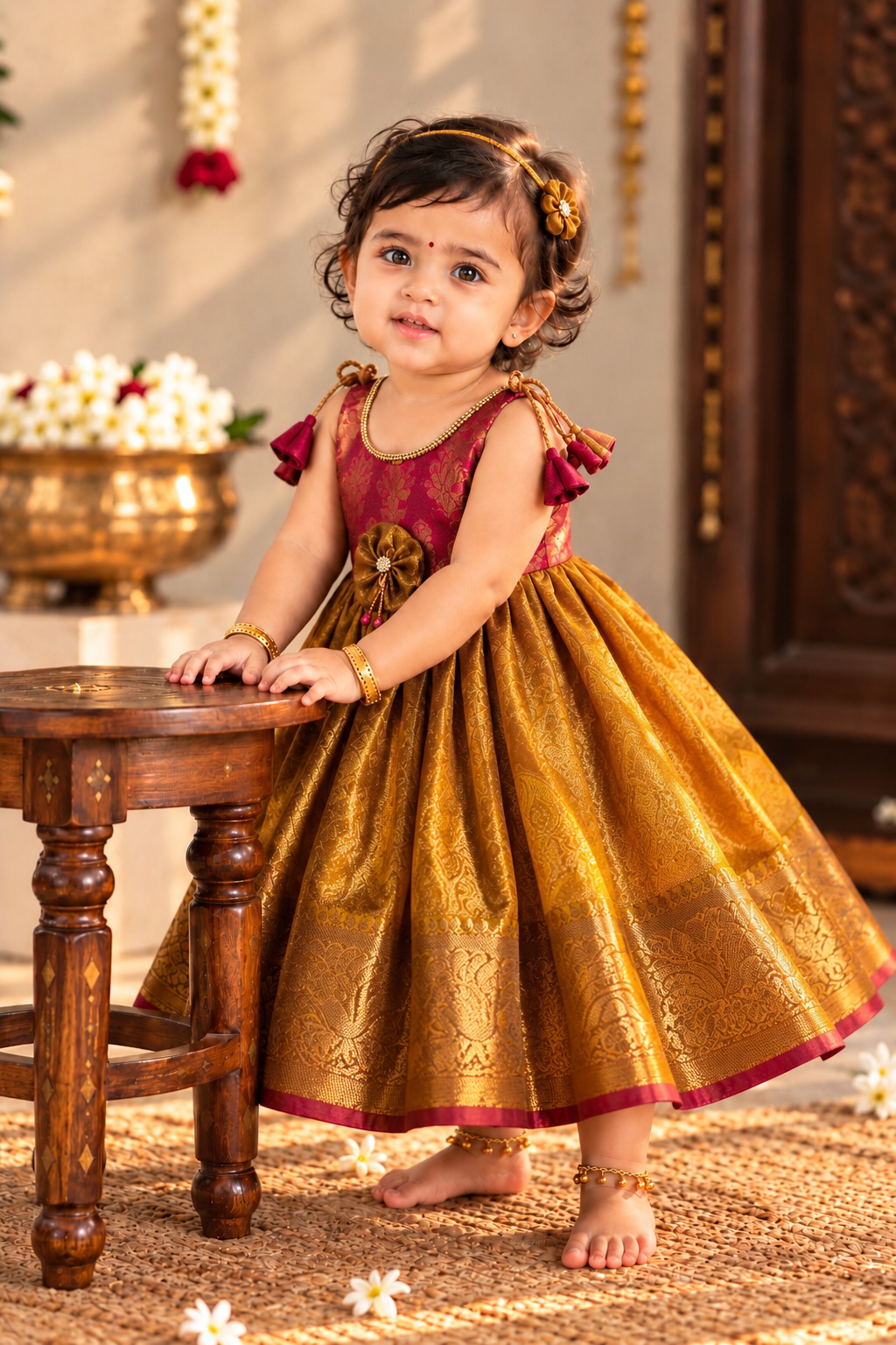 Little Dhiya - GoldenYellow with Pink Tie knot frock