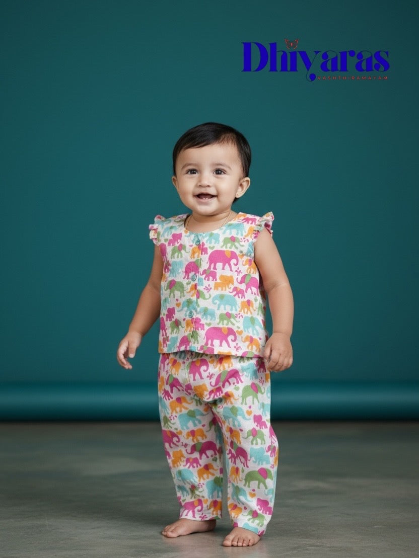 Multi colour elephant print Kids co-ords set- premium cotton