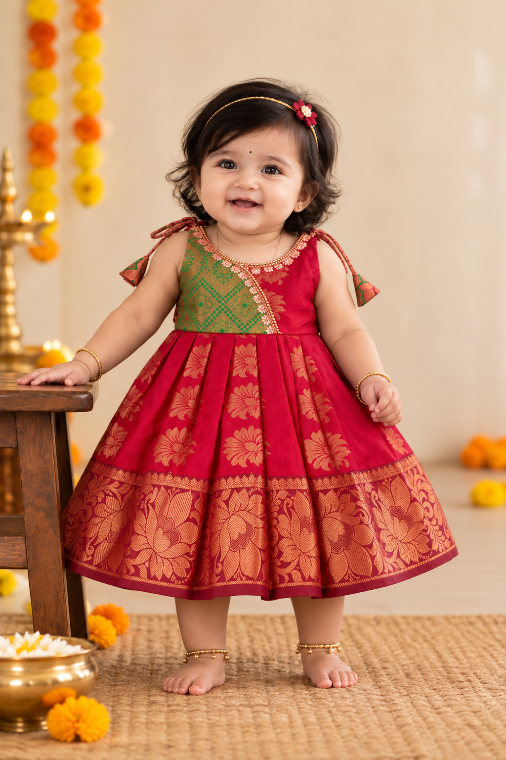 Little Dhiya - Maroon with Green Tie knot frock