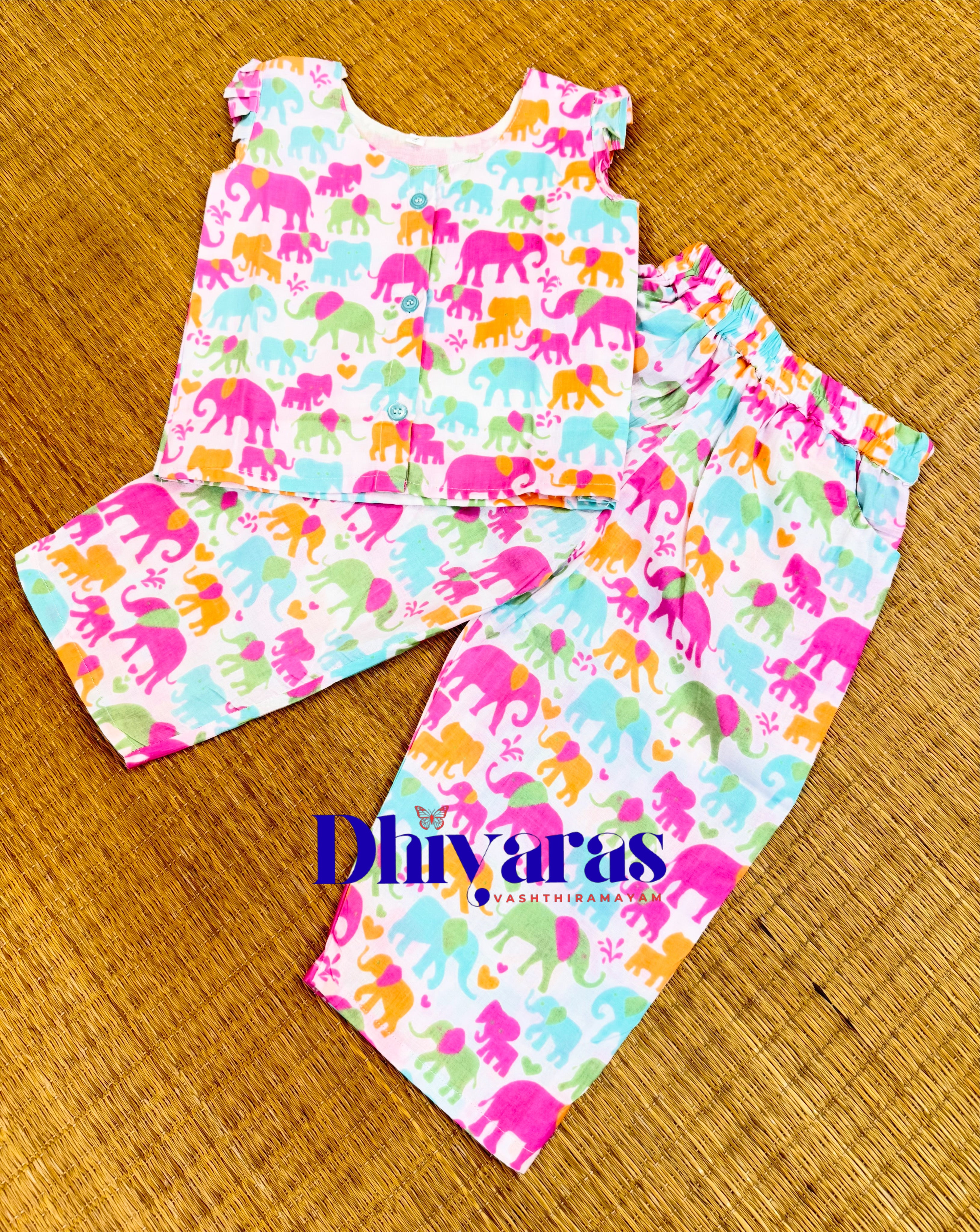 Multi colour elephant print Kids co-ords set- premium cotton