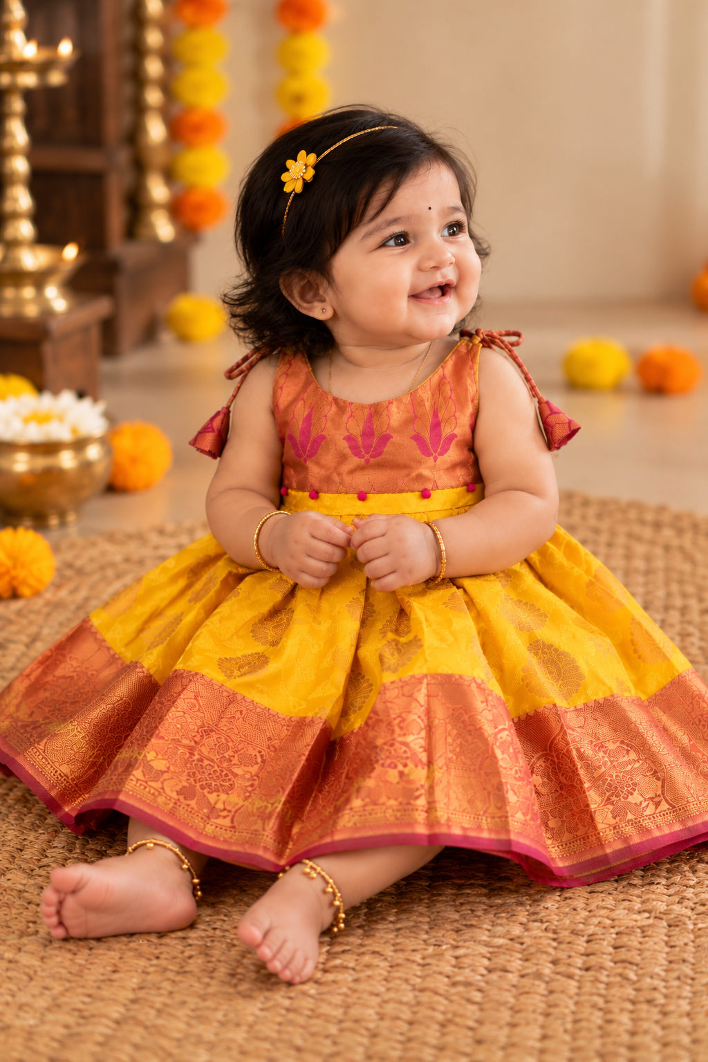 Little Dhiya - Yellow with Pink Tie knot frock