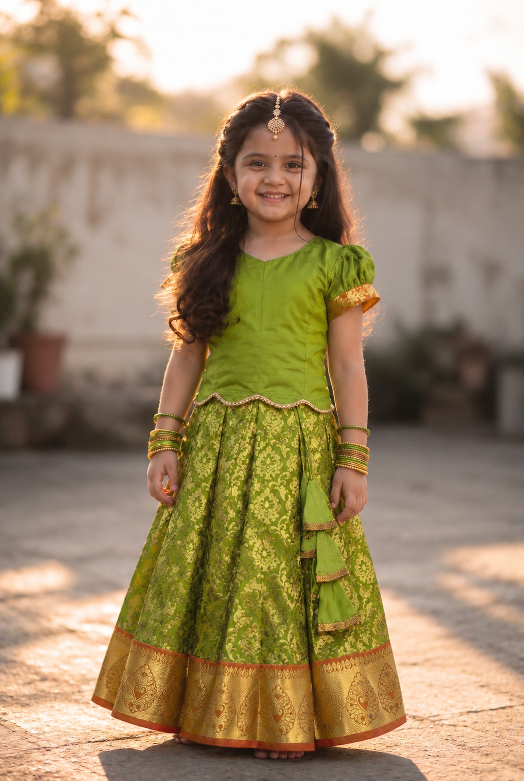 Kannamma 2 in 1 pattu pavadai green with orange
