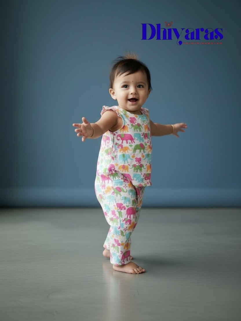 Multi colour elephant print Kids co-ords set- premium cotton