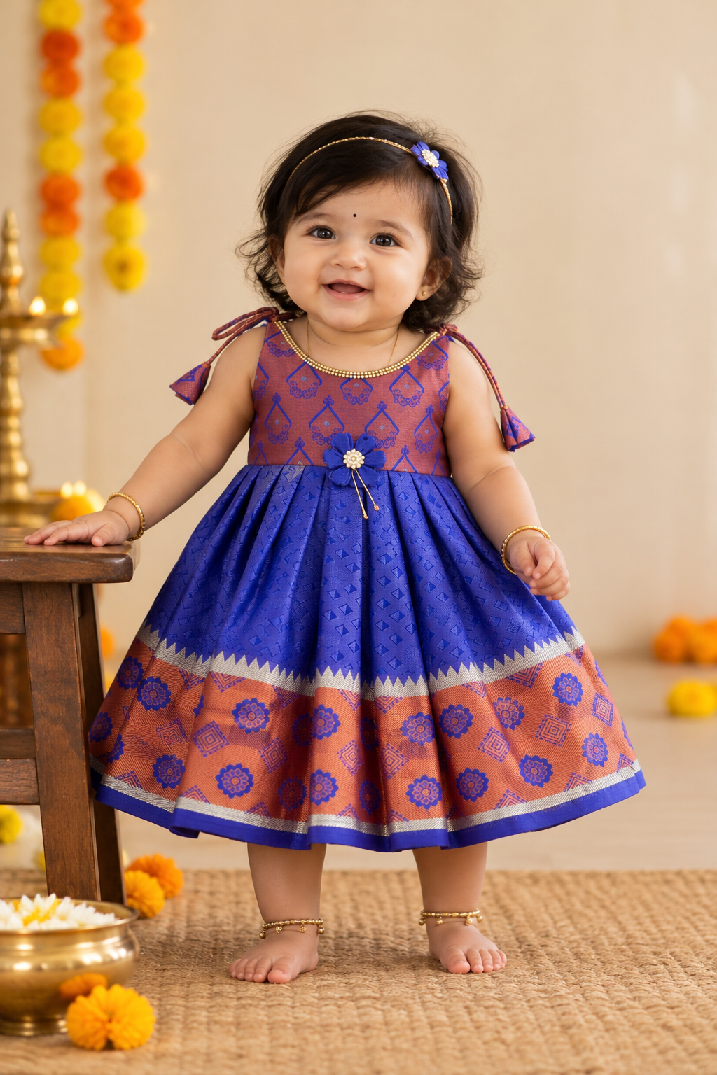 Little Dhiya - RoyalBlue with copper Zari Tie knot frock