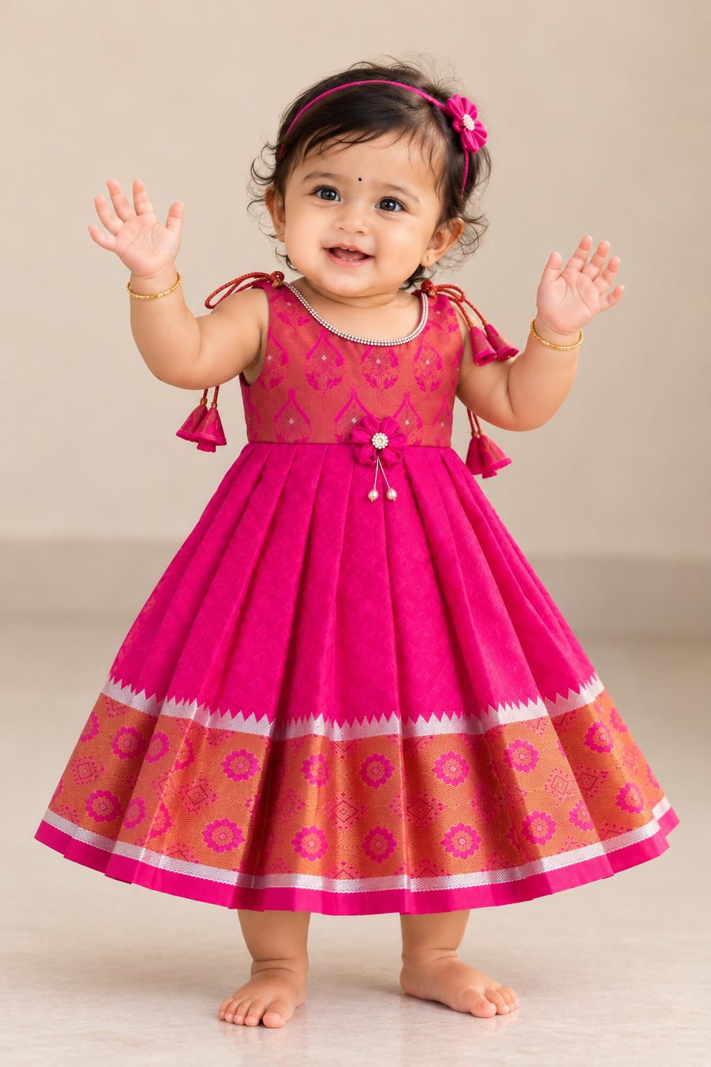 Little Dhiya - DarkPink with copper Zari Tie knot frock