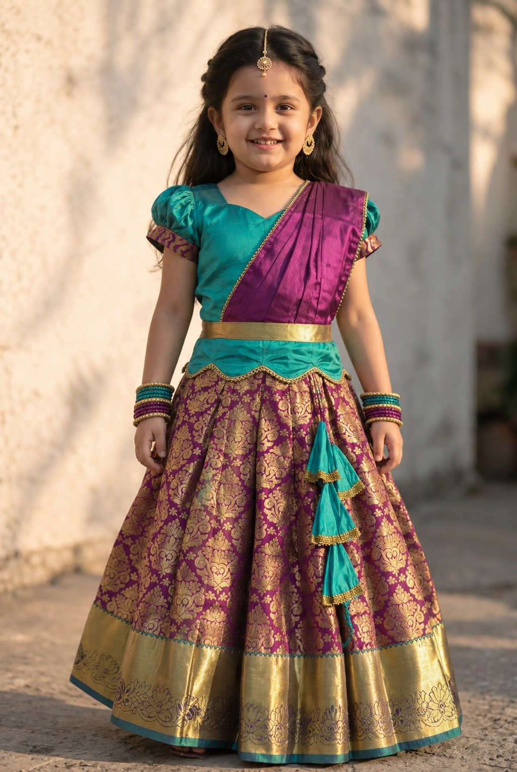 Kannamma 2 in 1 pattu pavadai turquoise with purple