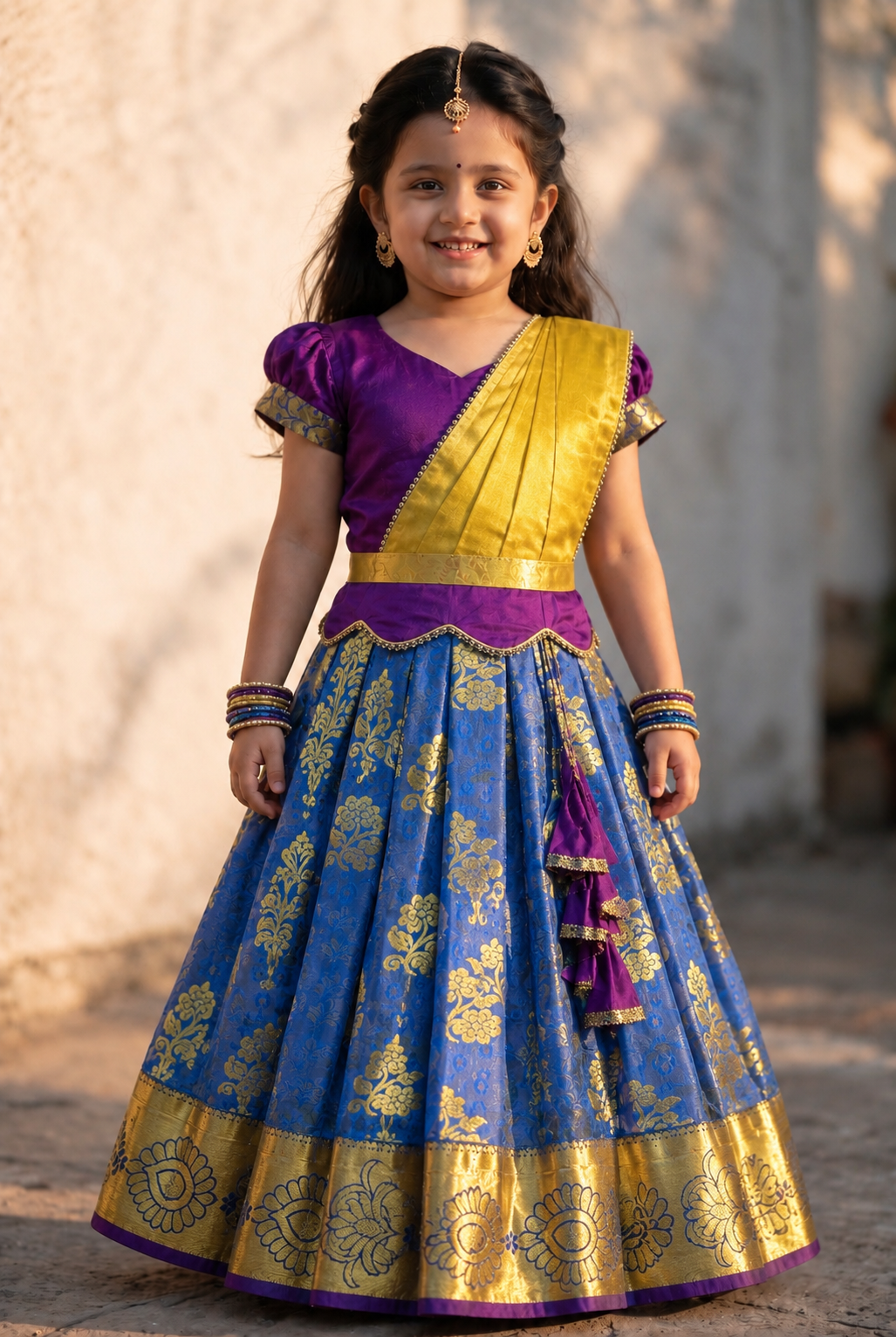 Kannamma 2 in 1 pattu pavadai purple with skyblue