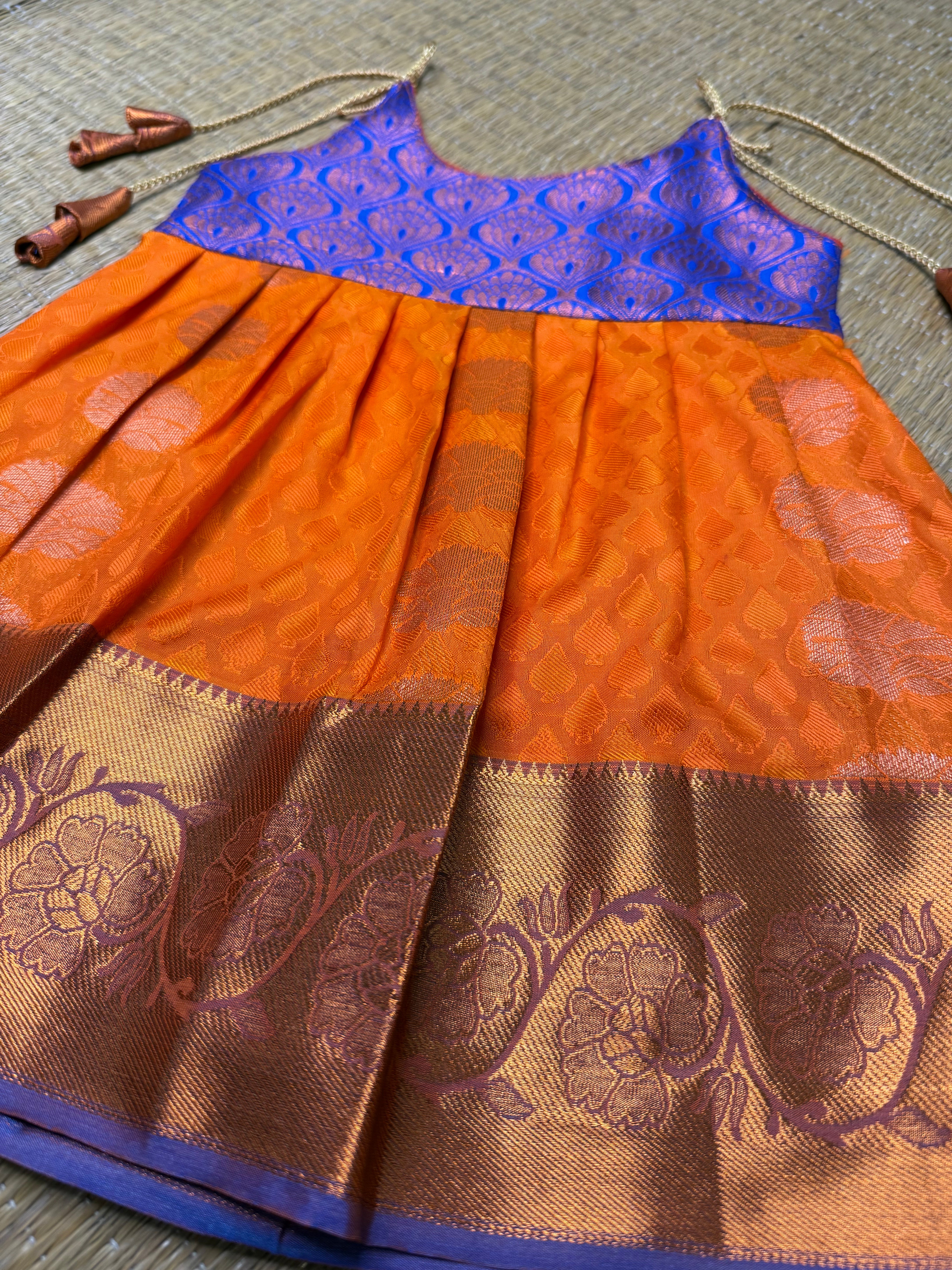 Little Dhiya - Orange blue tie knot frock for babies