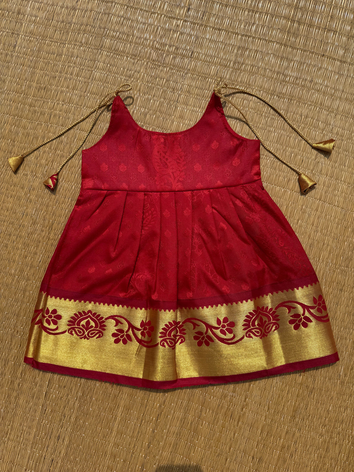 LittleDiya - red with golden zari knot frock for babies