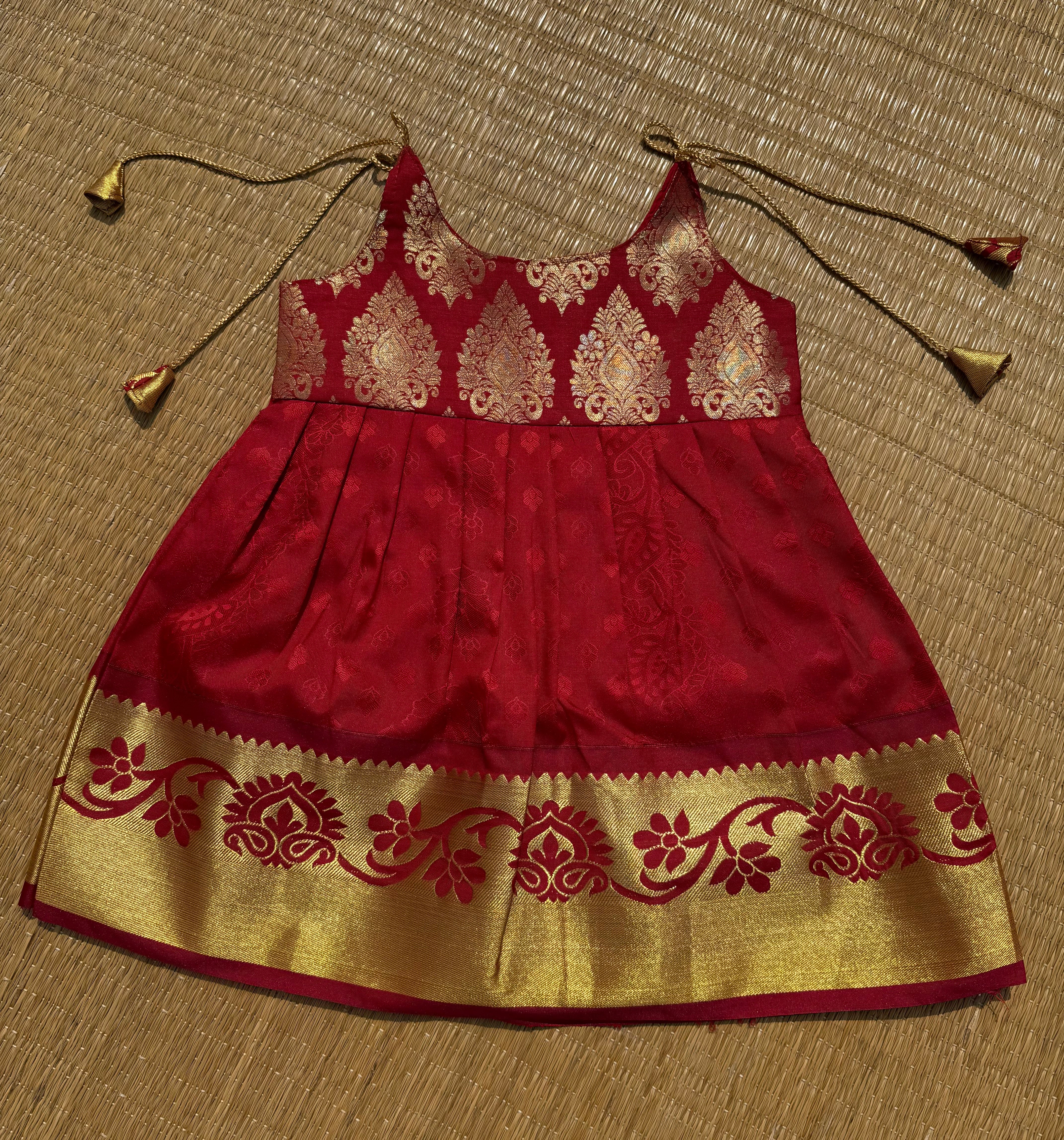 LittleDiya - red with golden zari knot frock for babies