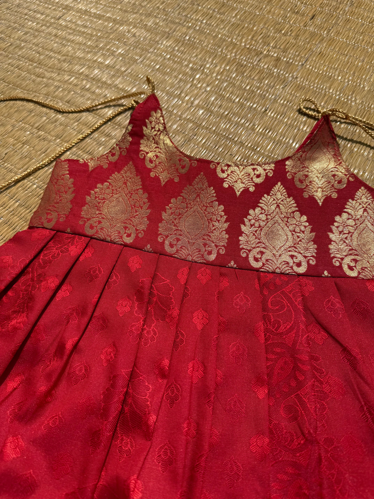 LittleDiya - red with golden zari knot frock for babies