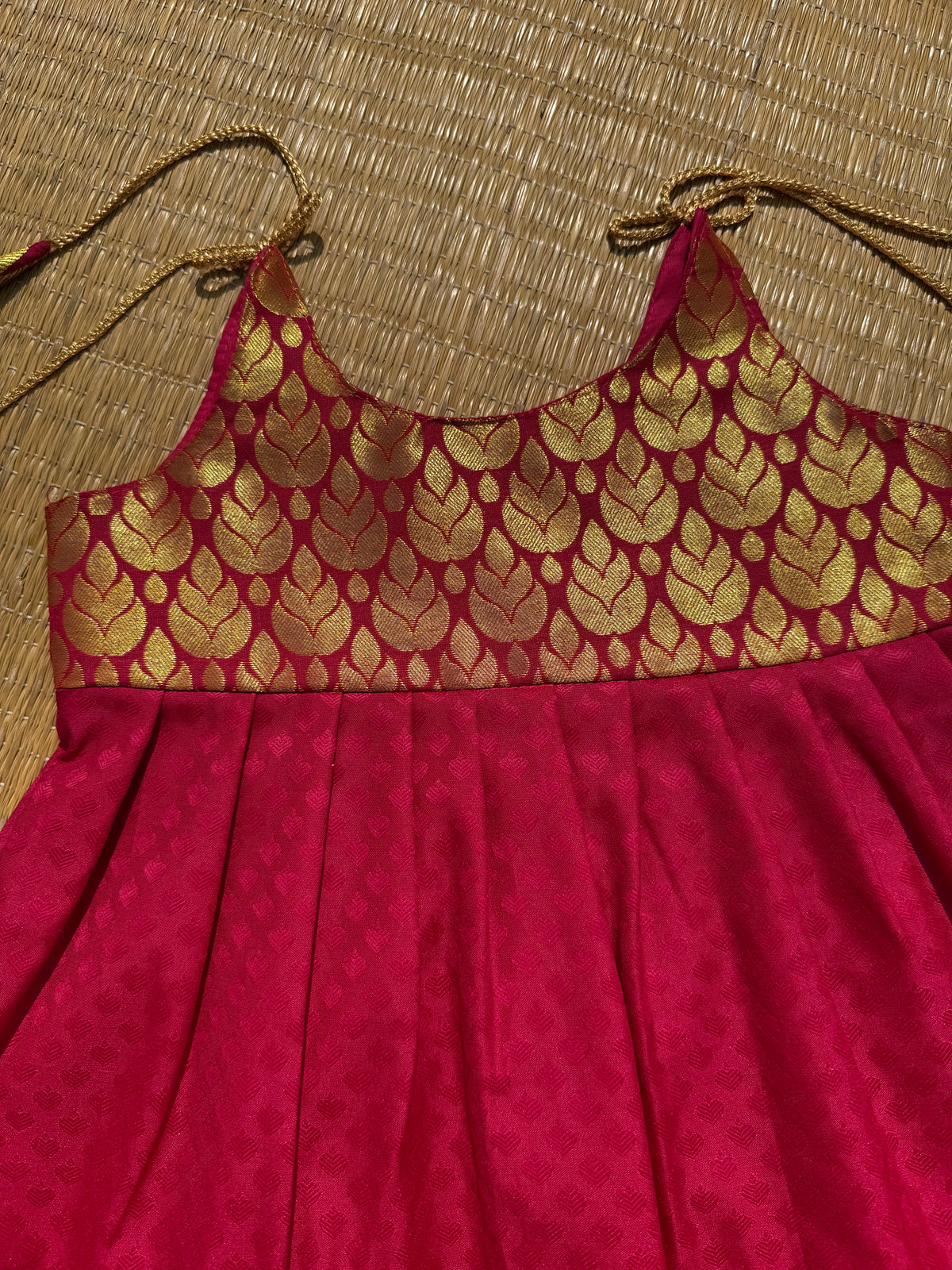 LittleDiya - Red with gold zari flower design tie knot frock for babies