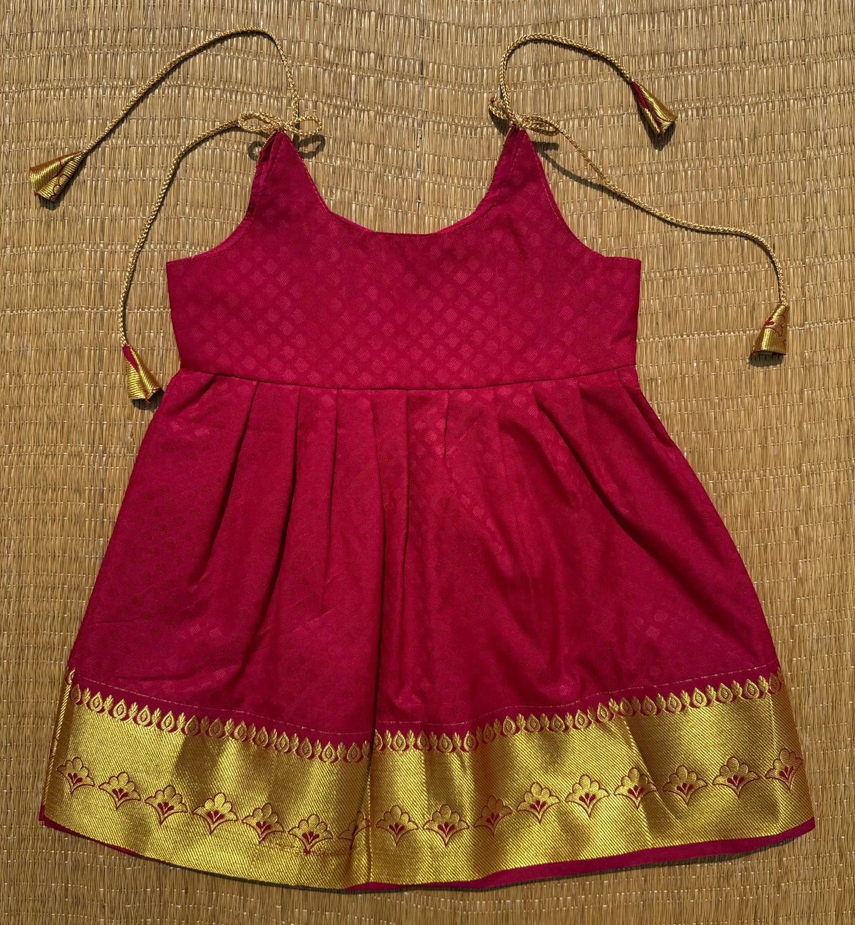 LittleDiya - Red with gold zari flower design tie knot frock for babies