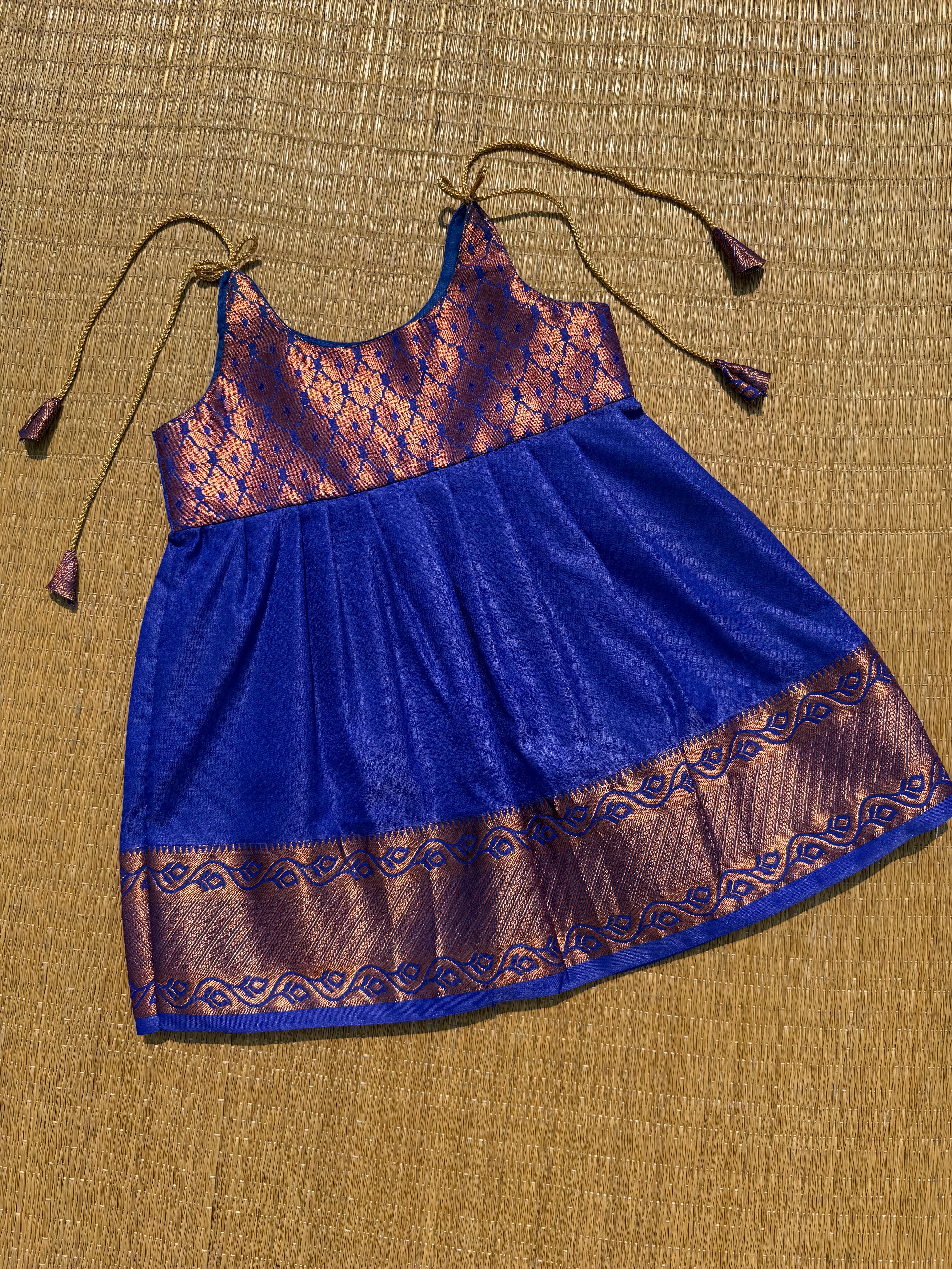 LittleDiya - Blue with copper zari design tie knot frock for babies