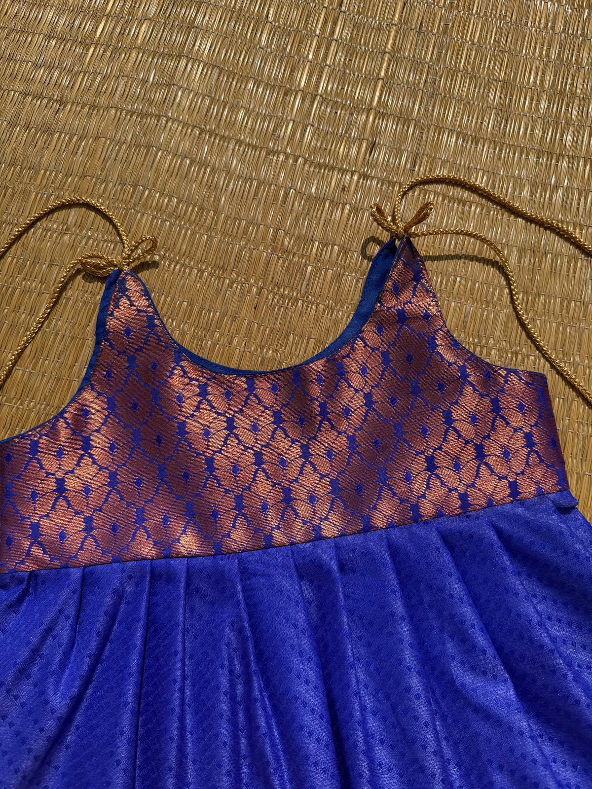 LittleDiya - Blue with copper zari design tie knot frock for babies