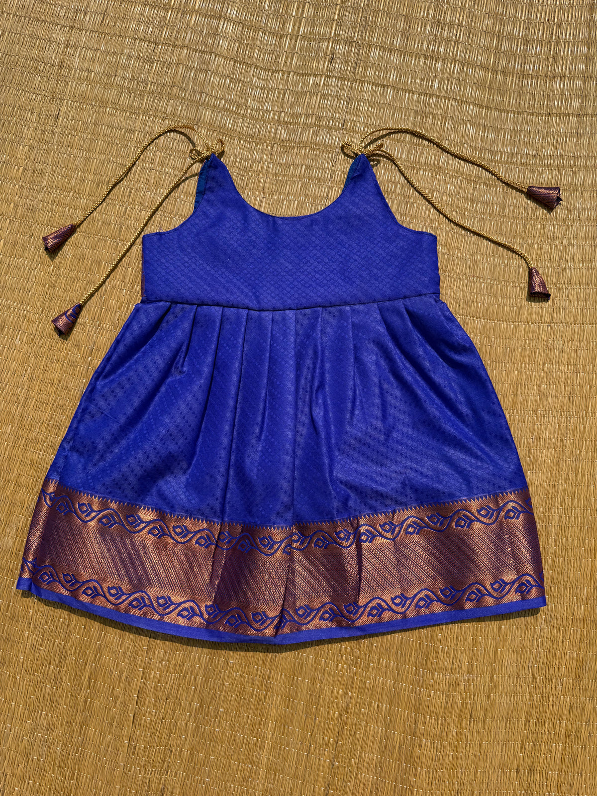 LittleDiya - Blue with copper zari design tie knot frock for babies