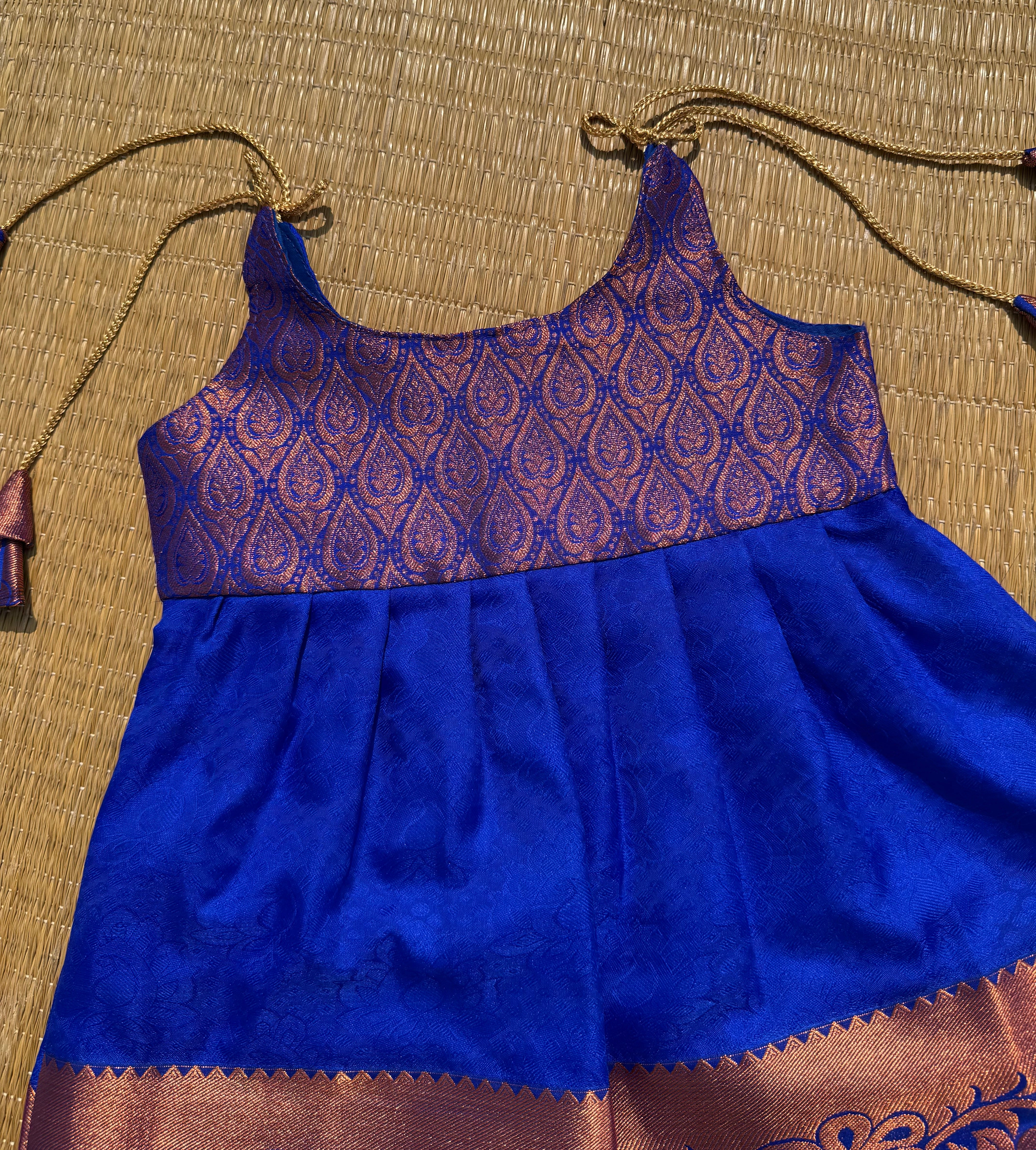 Little Dhiya - Royal Blue with Copper zari knot frock for babies