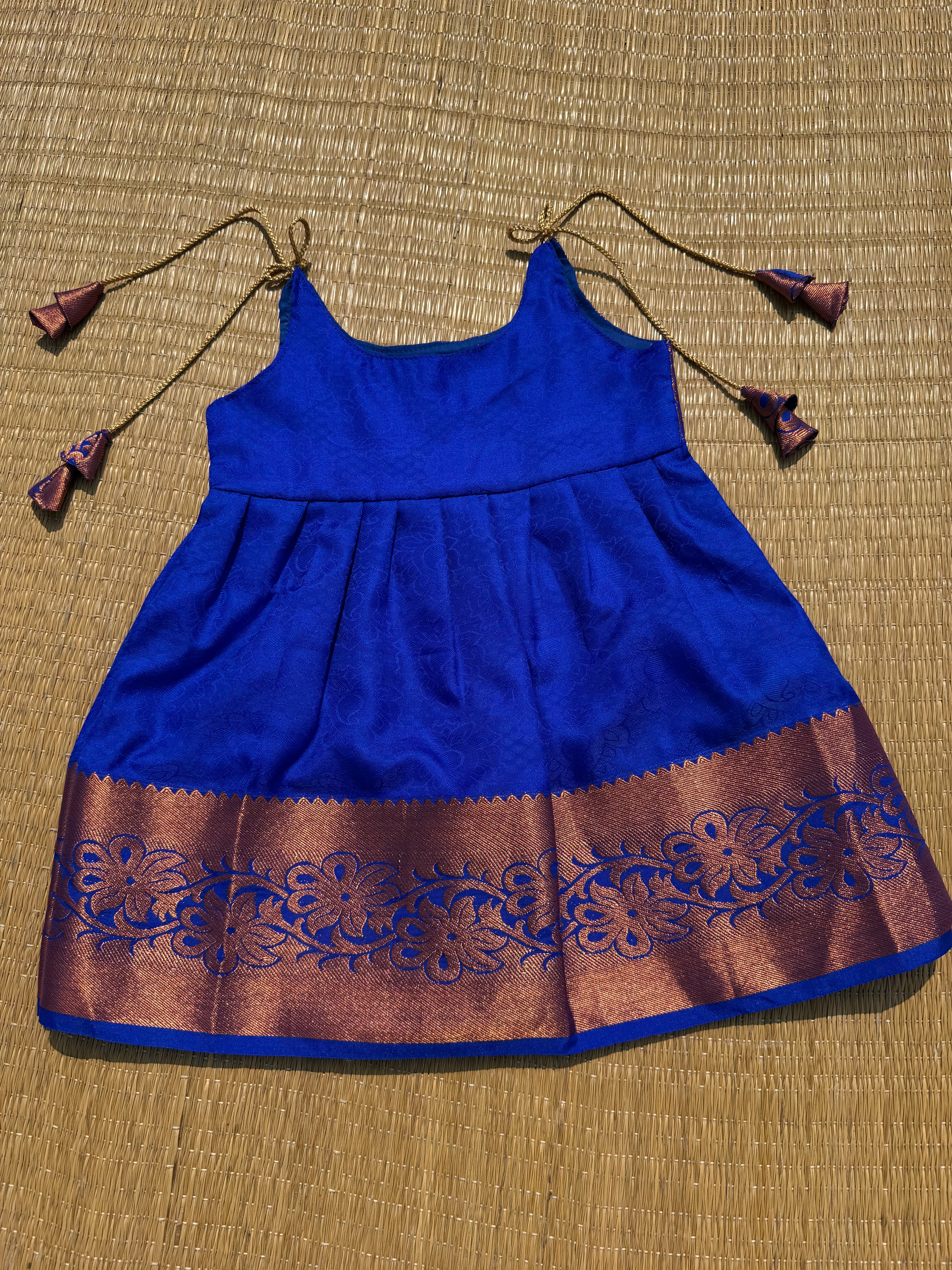 Little Dhiya - Royal Blue with Copper zari knot frock for babies