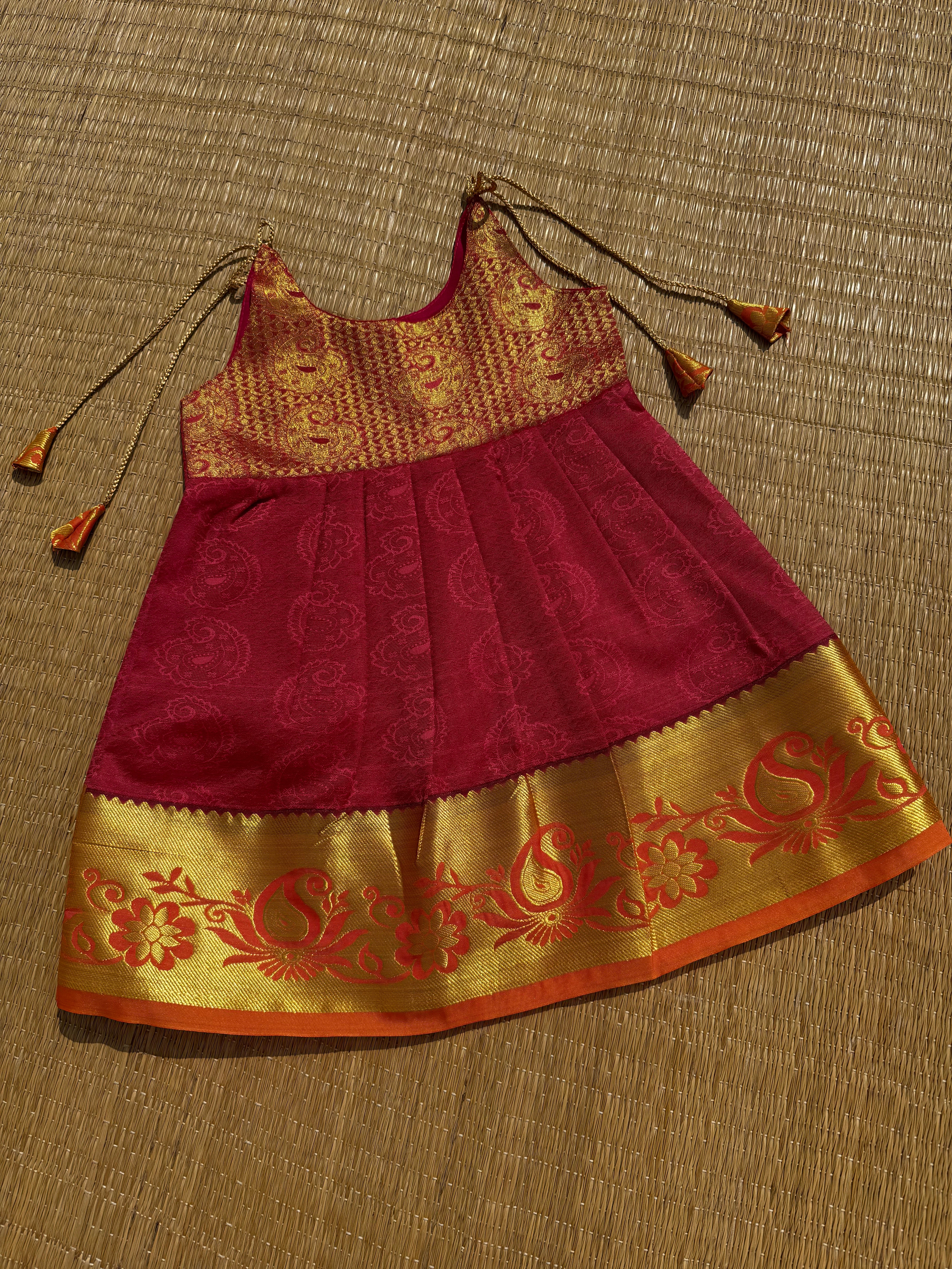Little Dhiya - Red with gold zari tie knot frock for babies