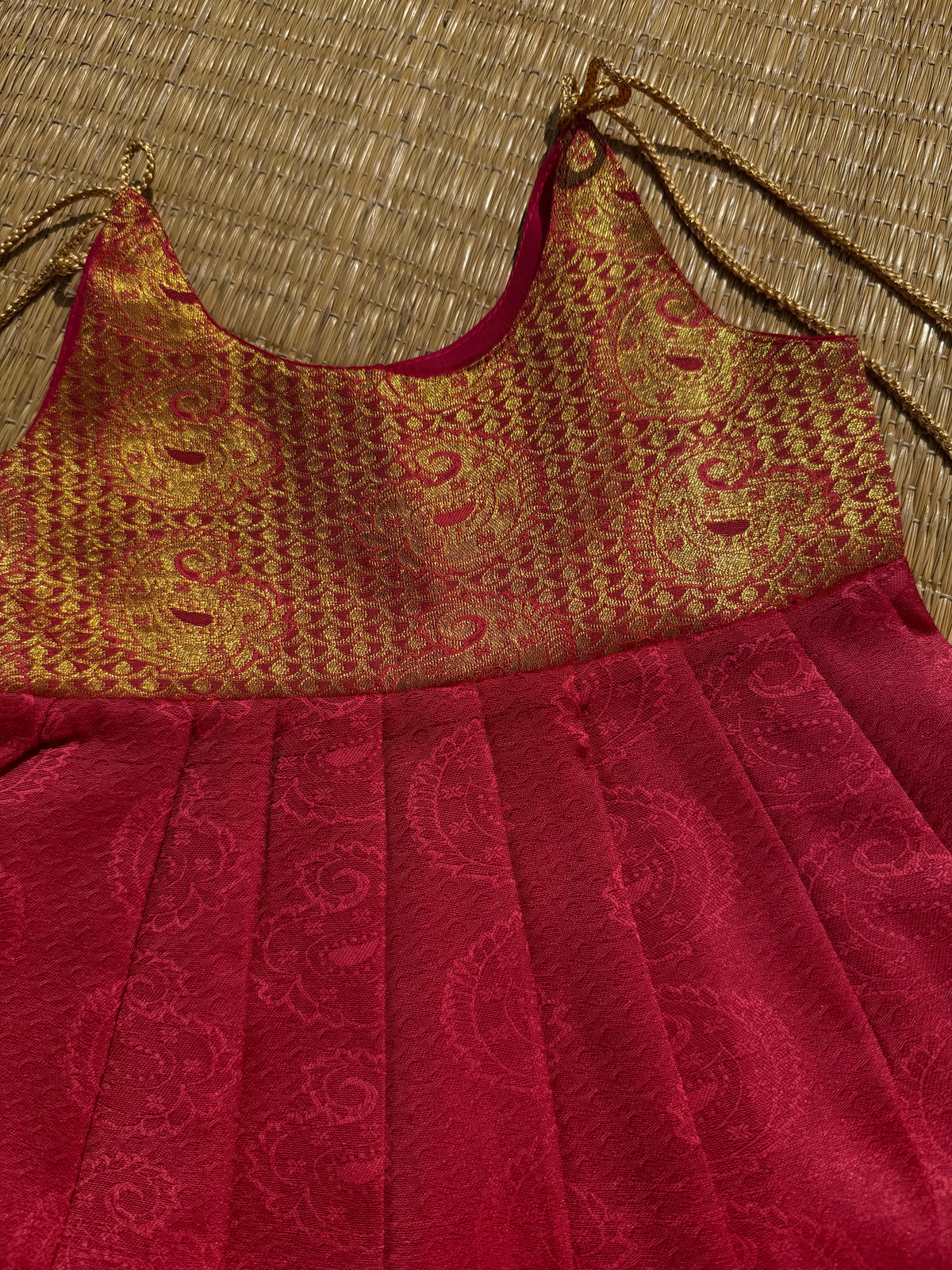 Little Dhiya - Red with gold zari tie knot frock for babies