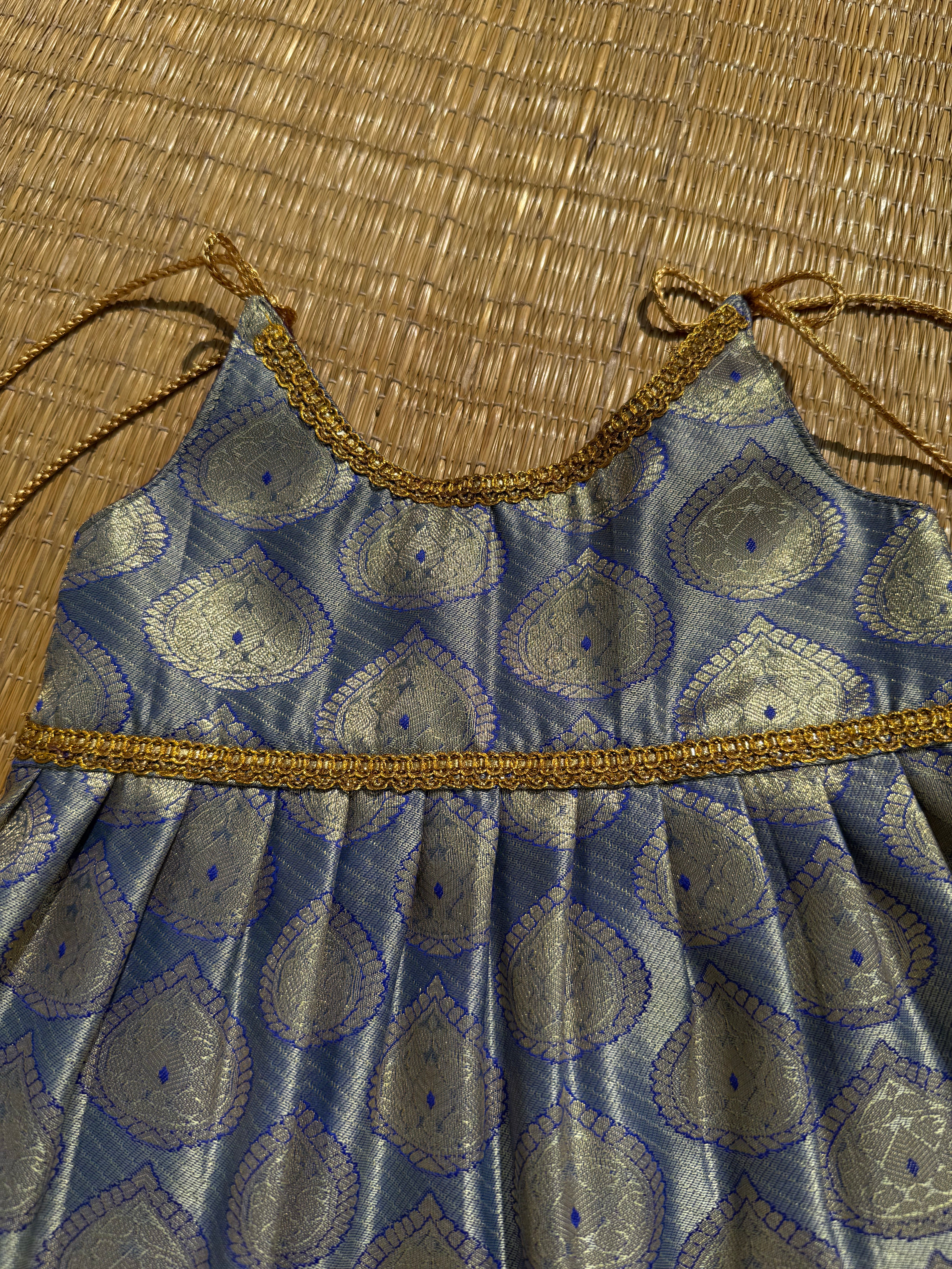 Little Dhiya - grey with gold copper zari tie knot frock for babies