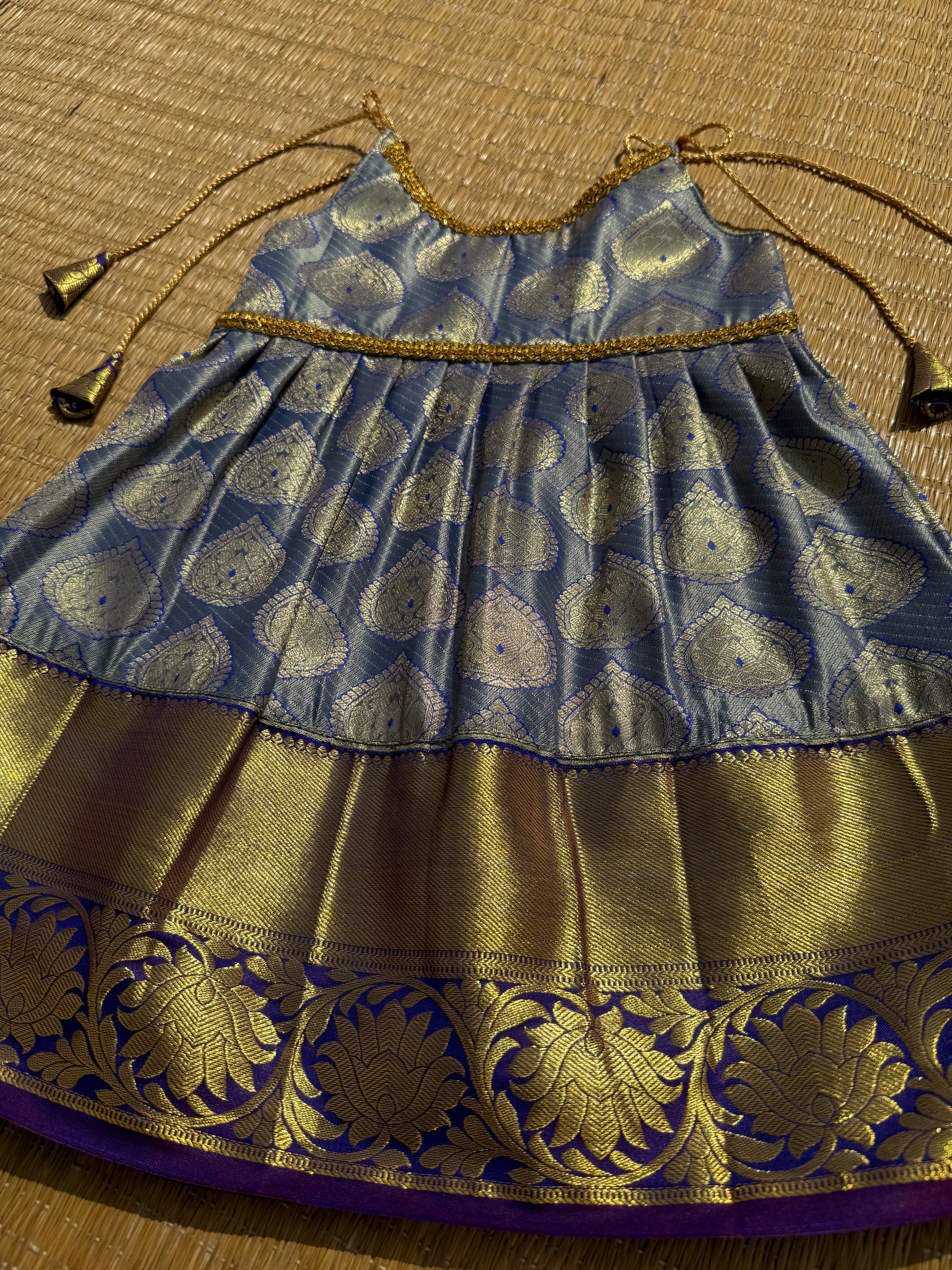 Little Dhiya - grey with gold copper zari tie knot frock for babies