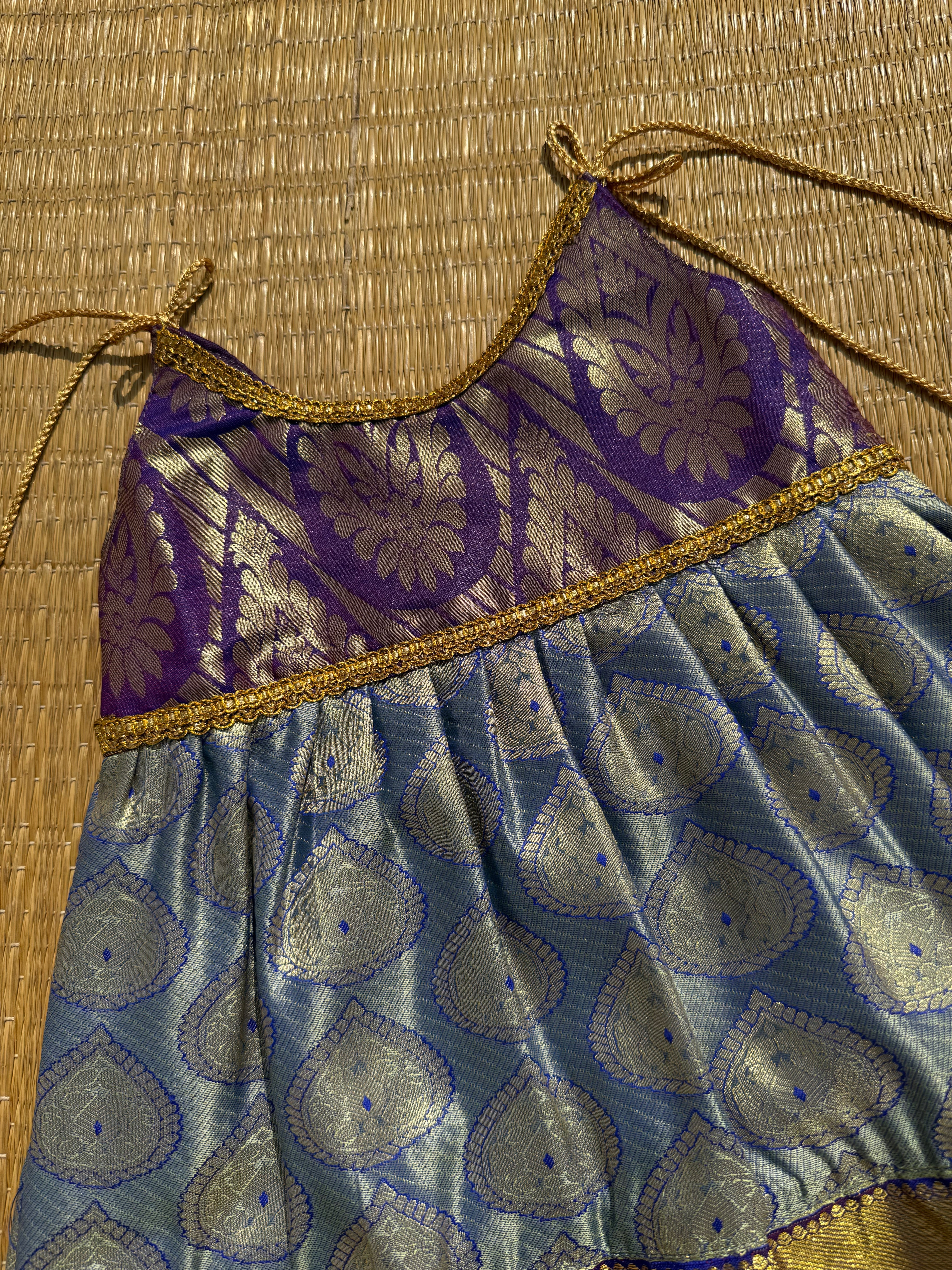 Little Dhiya - grey blue with gold copper zari tie knot frock for babies