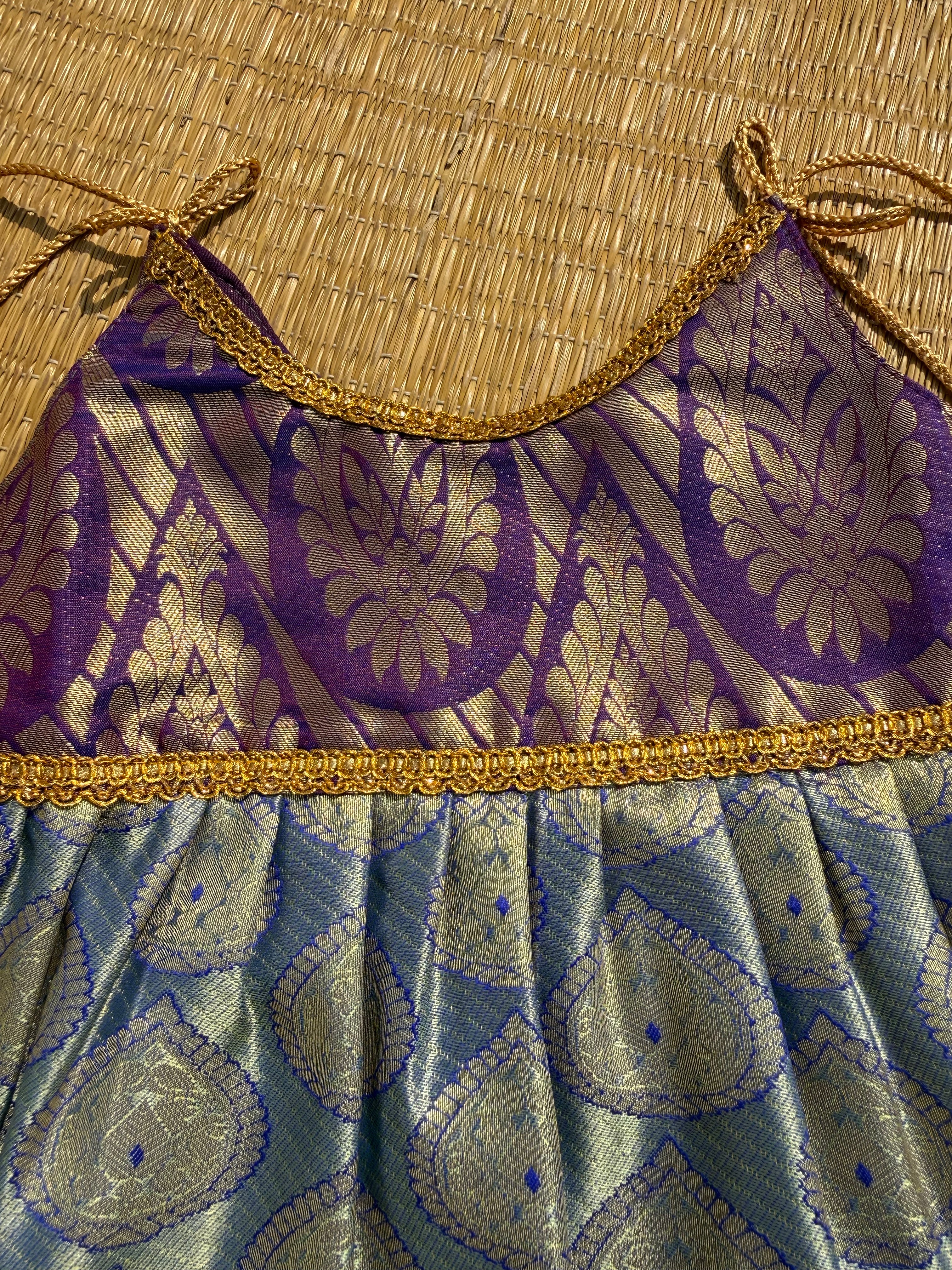 Little Dhiya - grey blue with gold copper zari tie knot frock for babies