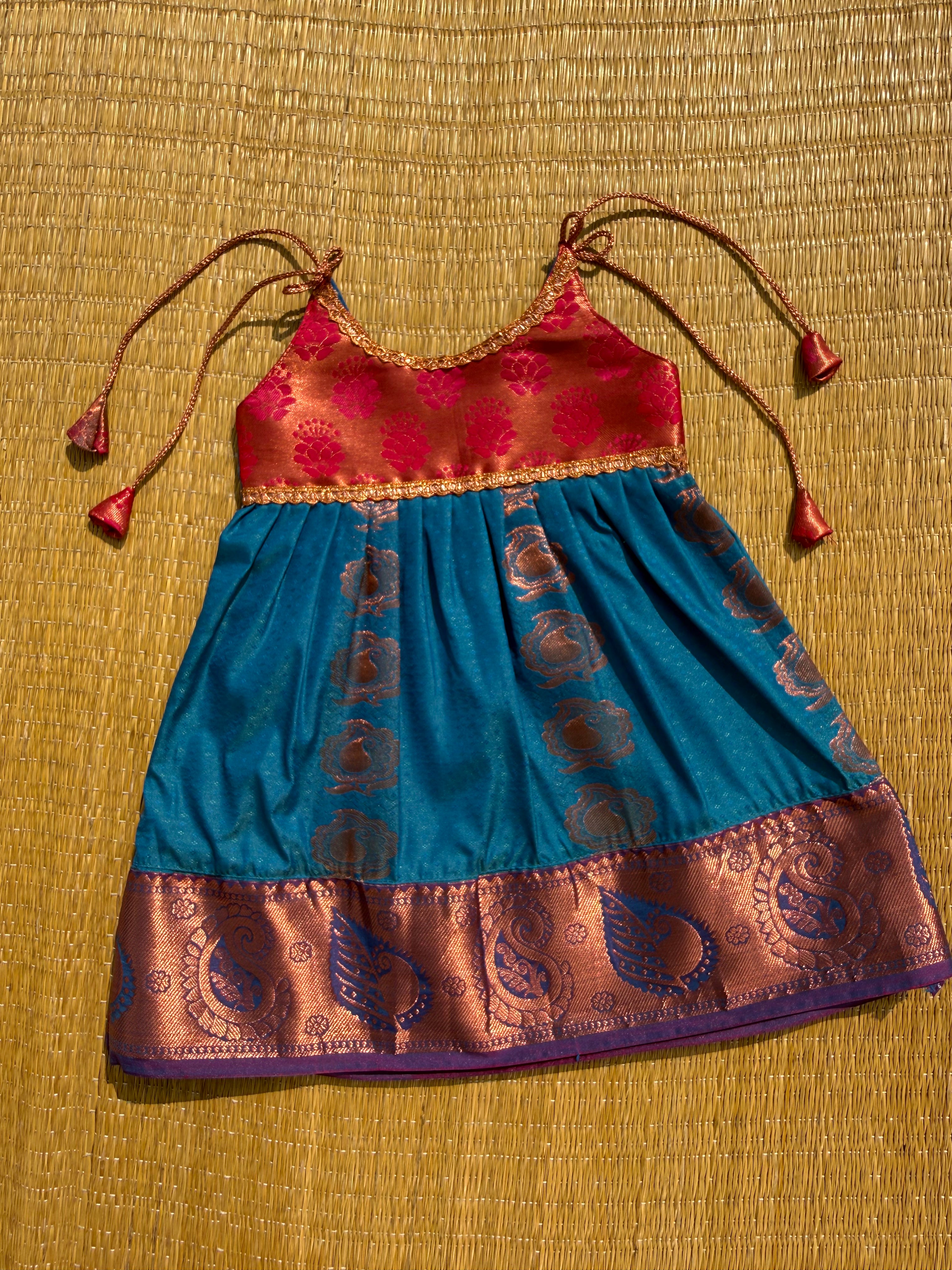 Little Dhiya - dark pink with blue tie knot frock for babies