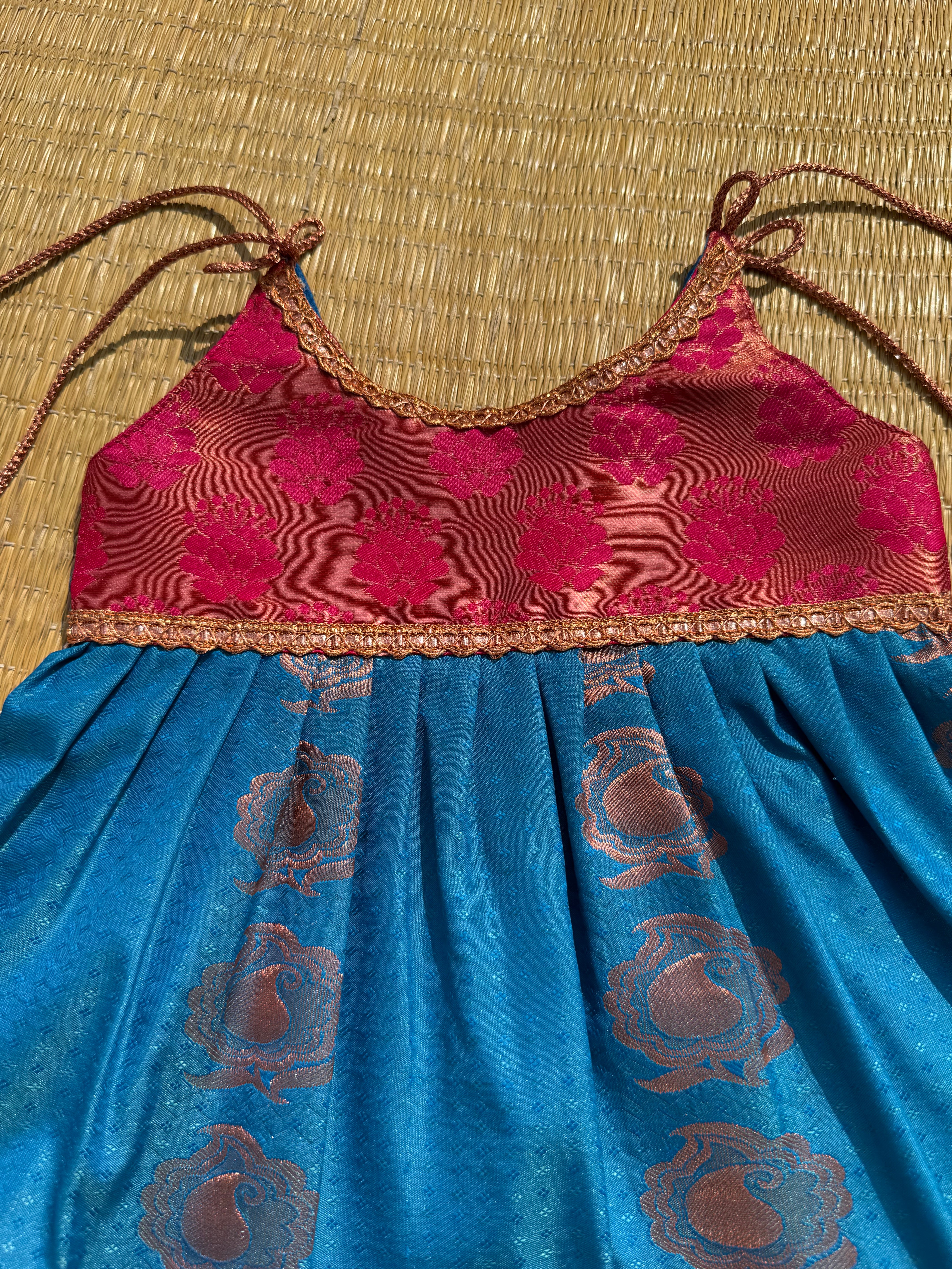 Little Dhiya - dark pink with blue tie knot frock for babies