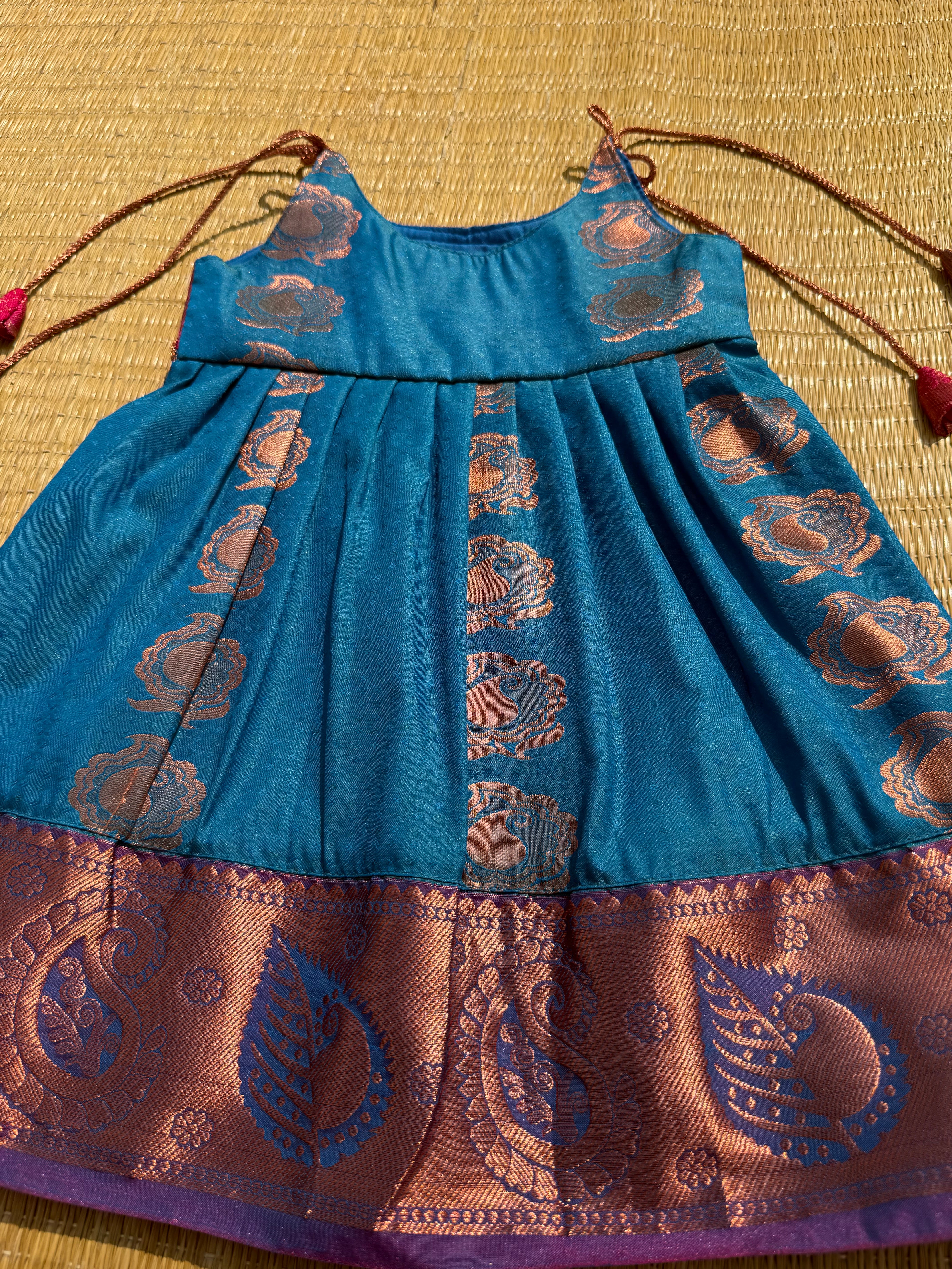 Little Dhiya - dark pink with blue tie knot frock for babies