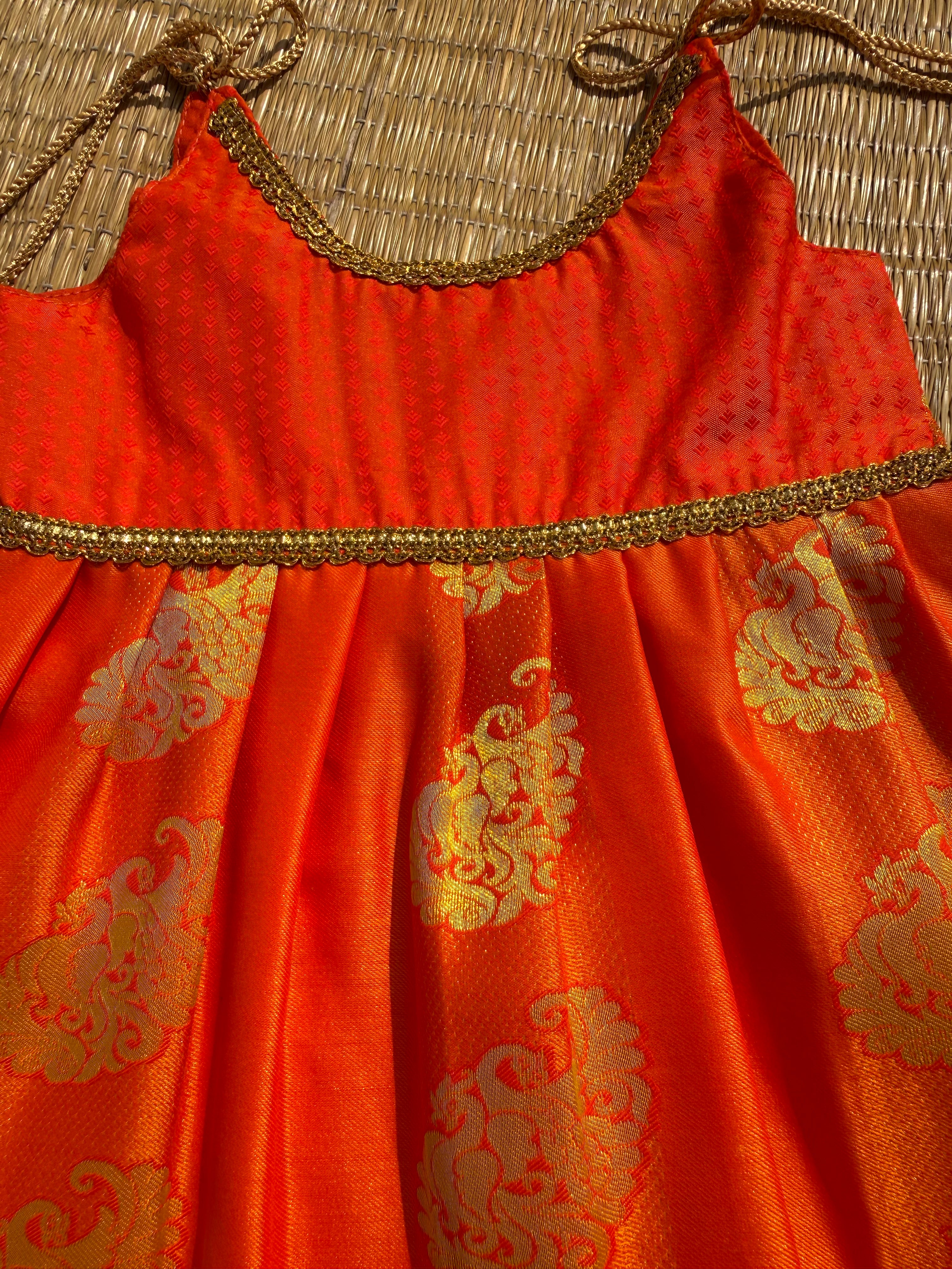 Little Dhiya - Orange with zari tie knot frock for babies