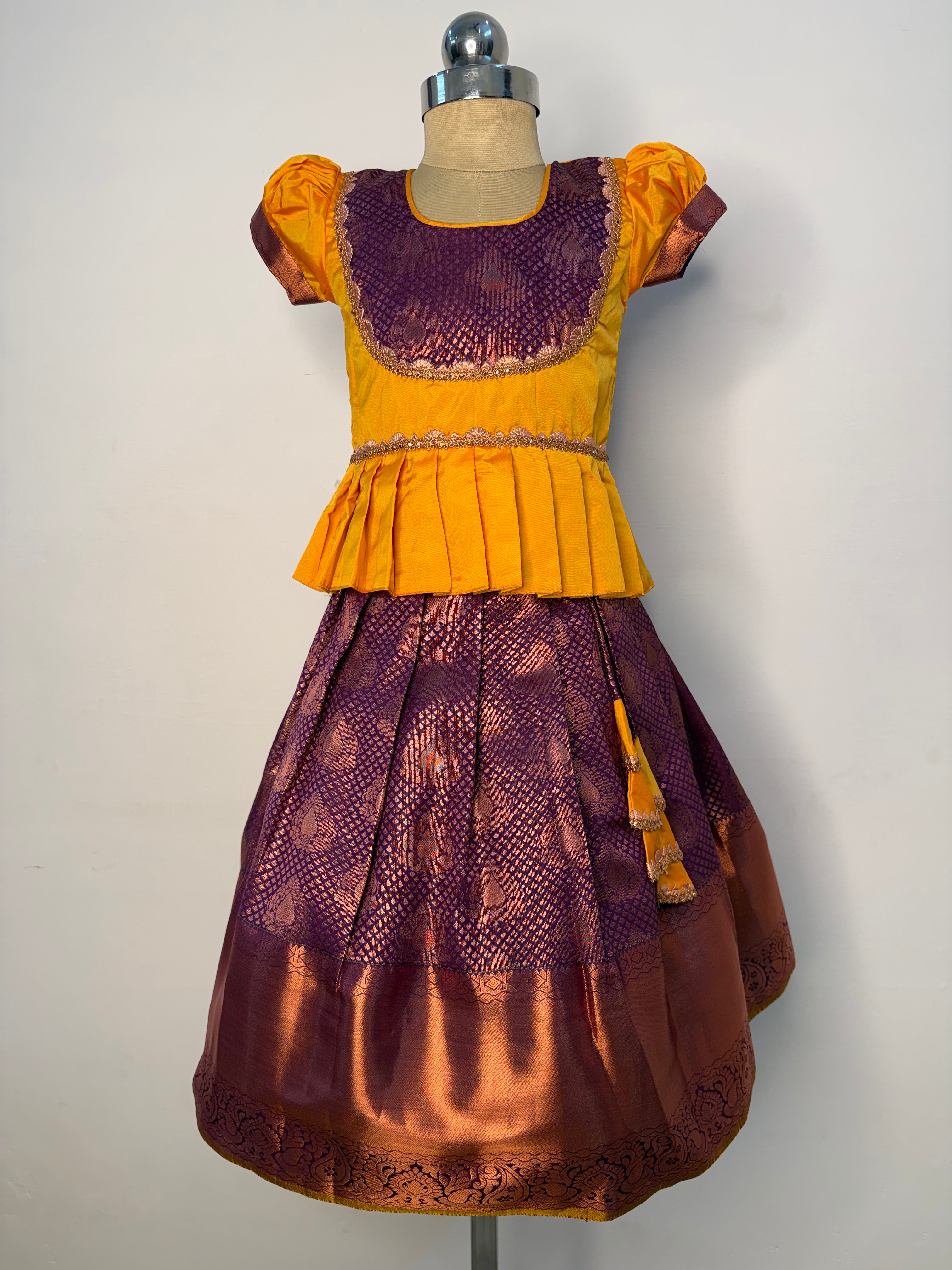 Aarathiya Kids Pattu Pavadai- manago yellow top with coper jari border