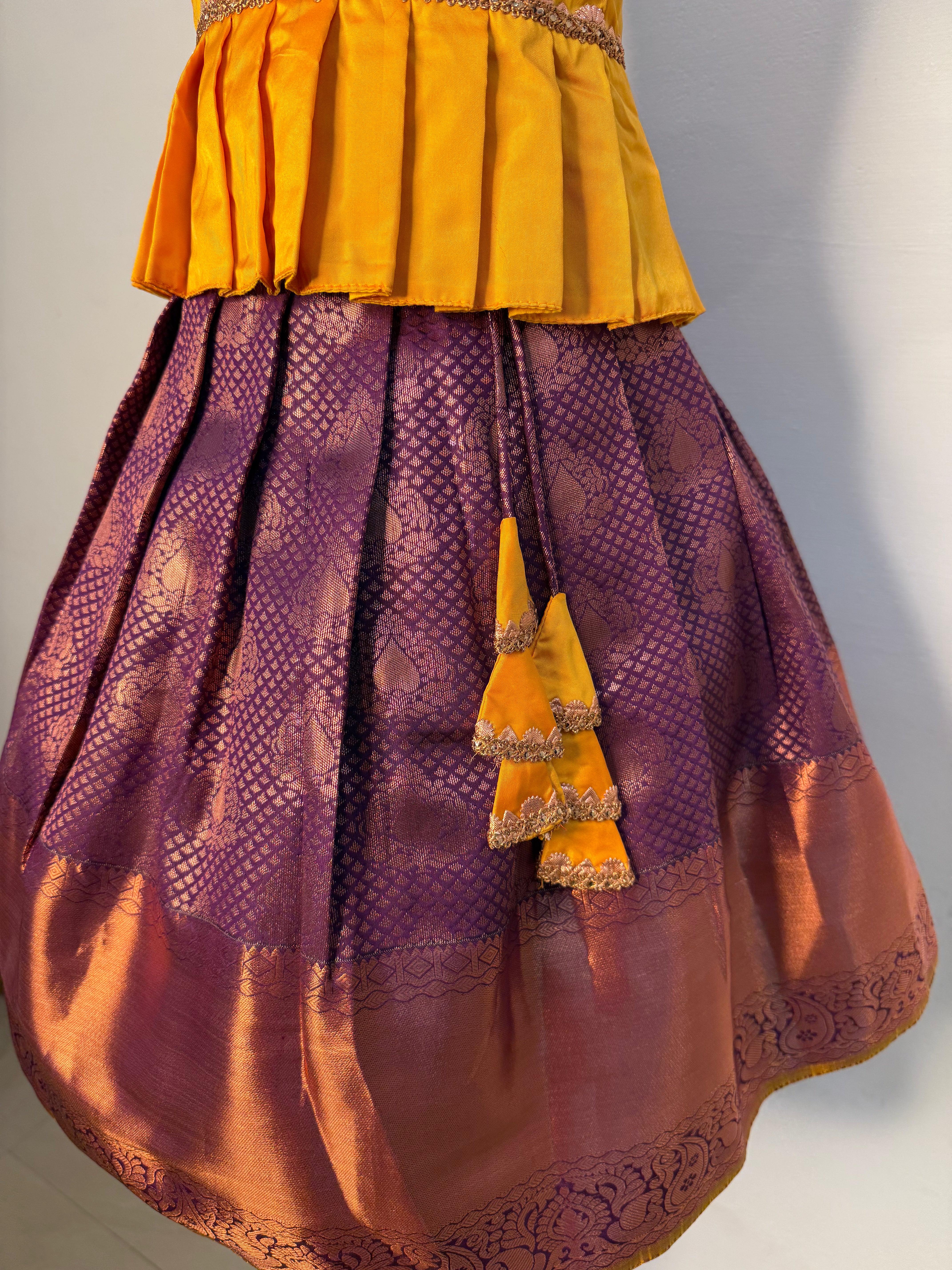 Aarathiya Kids Pattu Pavadai- manago yellow top with coper jari border